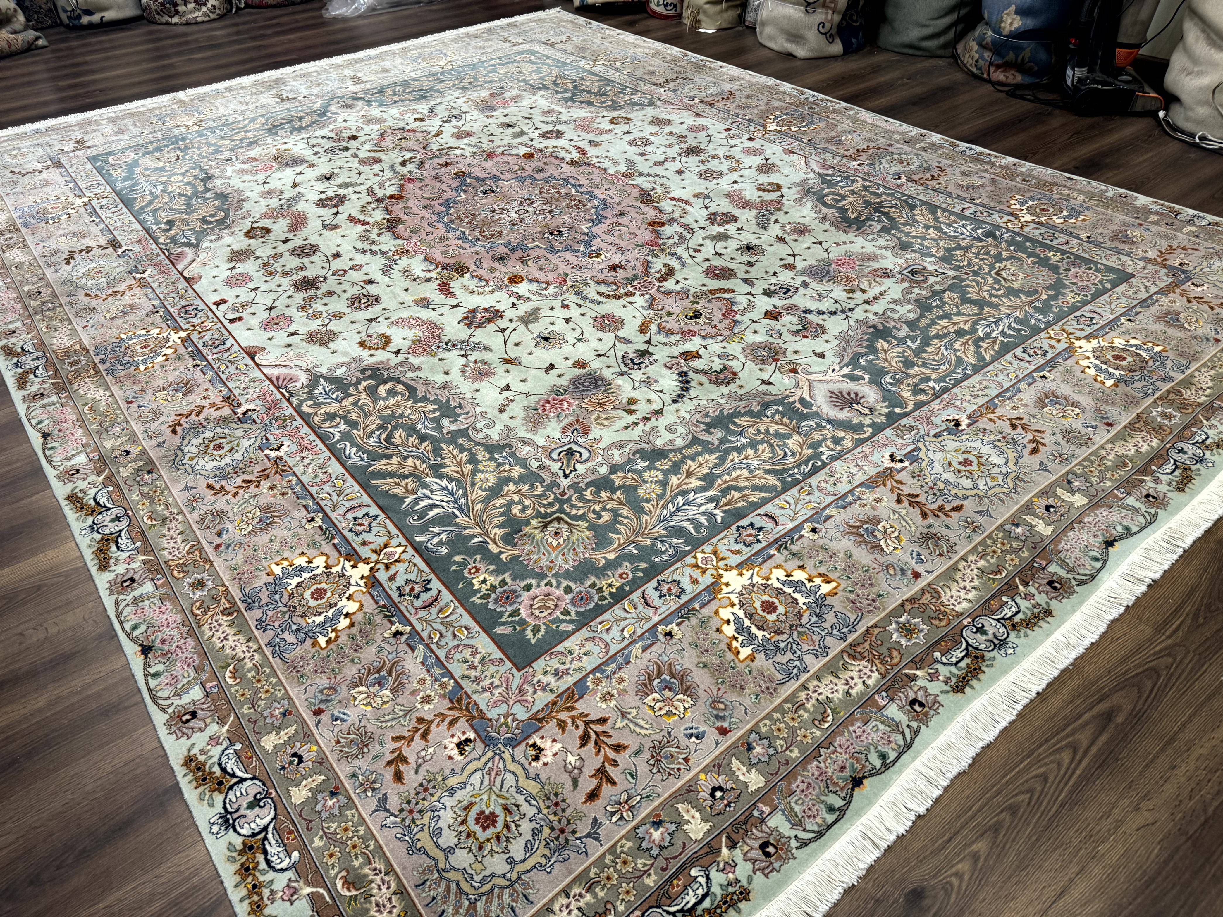 Marvelous Persian Tabriz Rug 10x13, Very Fine 380 KPSI, Mint Green Pink, Floral - Jewel Rugs