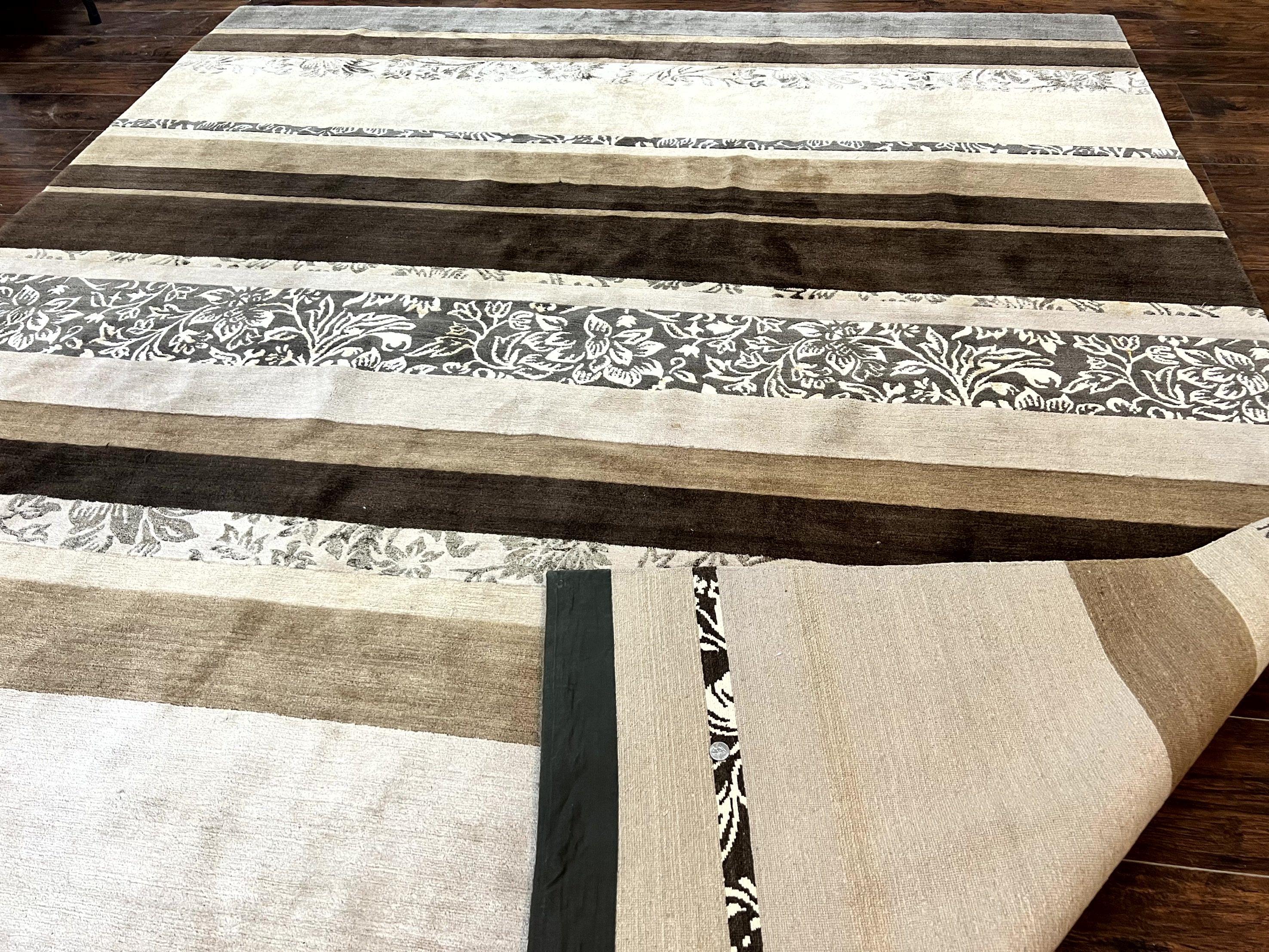 Modern Tibetan Nepali Rug 8x12, Stripe Pattern, Wool with Silk Highlights, Handmade, Beige Tan Brown - Jewel Rugs