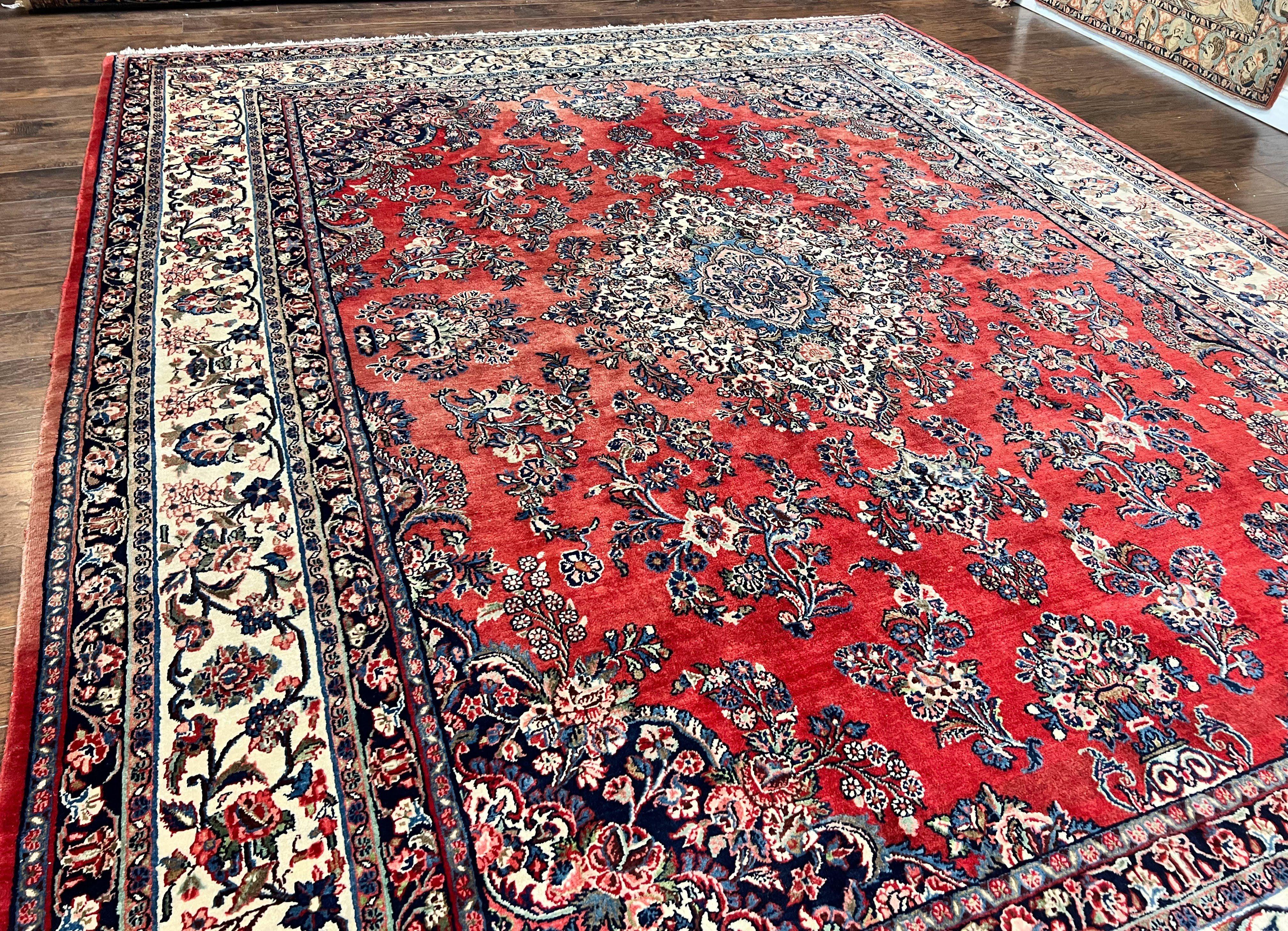 Persian Sarouk Rug 11x13, Wool Hand Knotted Antique Carpet, Red Ivory Traditional Handmade Large Oriental Area Rug 11 x 13, Floral Medallion - Jewel Rugs