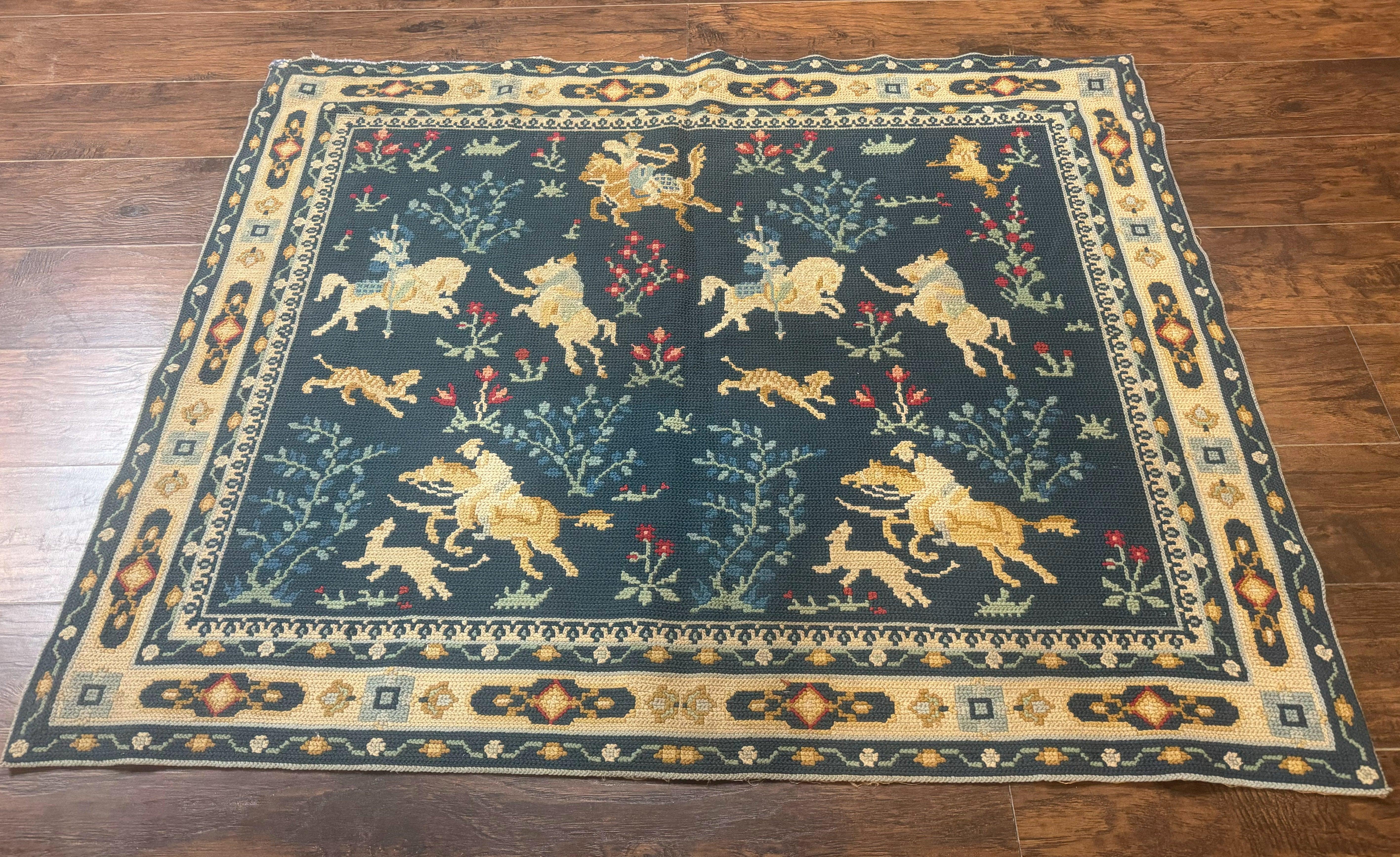 Antique Portuguese Wall Hanging Tapestry Rug, Hunting Design, Horsemen, Handmade, Flatweave - Jewel Rugs