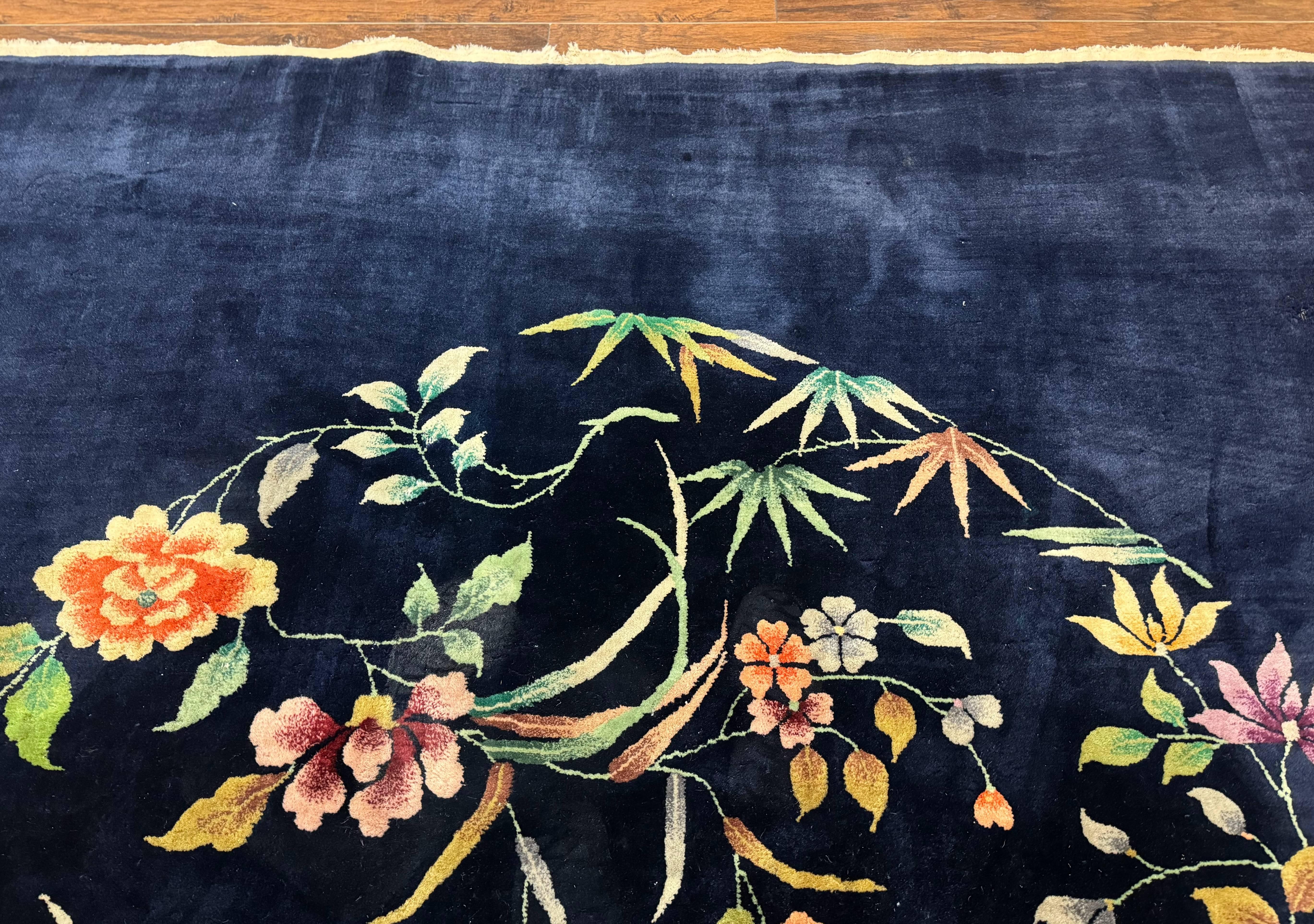 Chinese Art Deco Rug 10 x 11.5, Navy Blue Vintage Nichols Floral Wool Carpet - Jewel Rugs