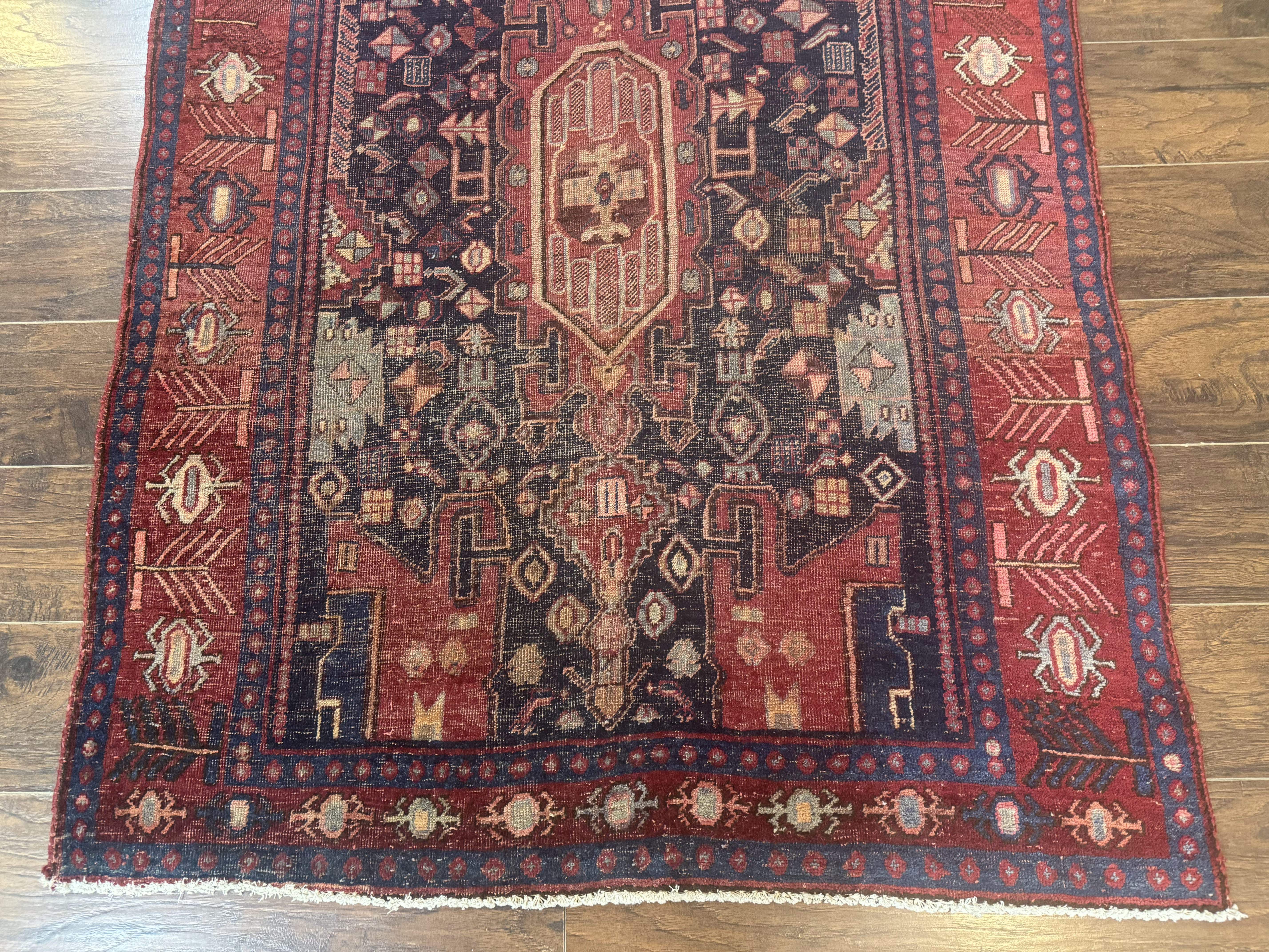 Persian Kurdish Bidjar Runner Rug 4x10 – Navy and Red, Wool Antique Tribal Carpet - Jewel Rugs