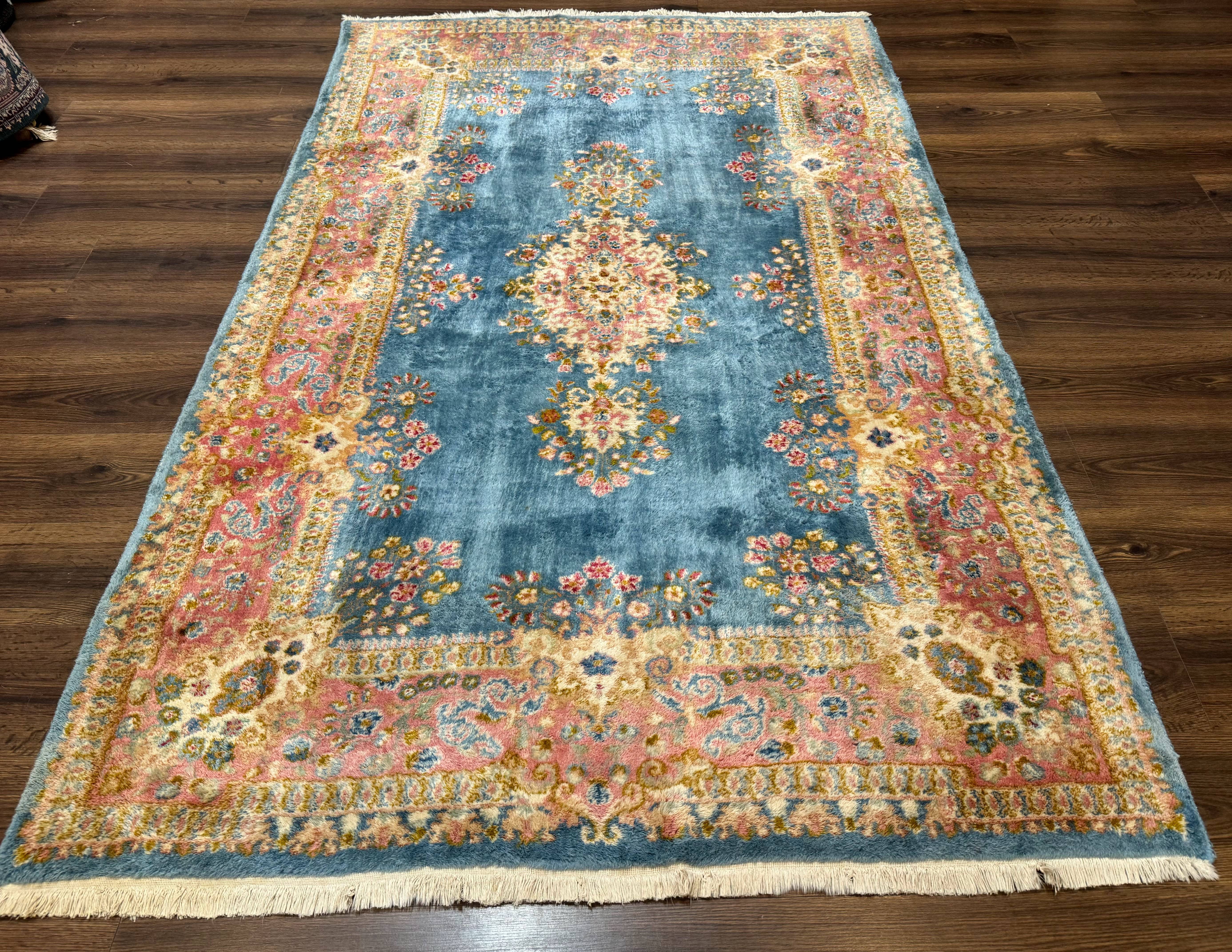 Persian Kerman Rug 5x8, Light Blue and Pink, Semi Open Field, Pastel Colors - Jewel Rugs