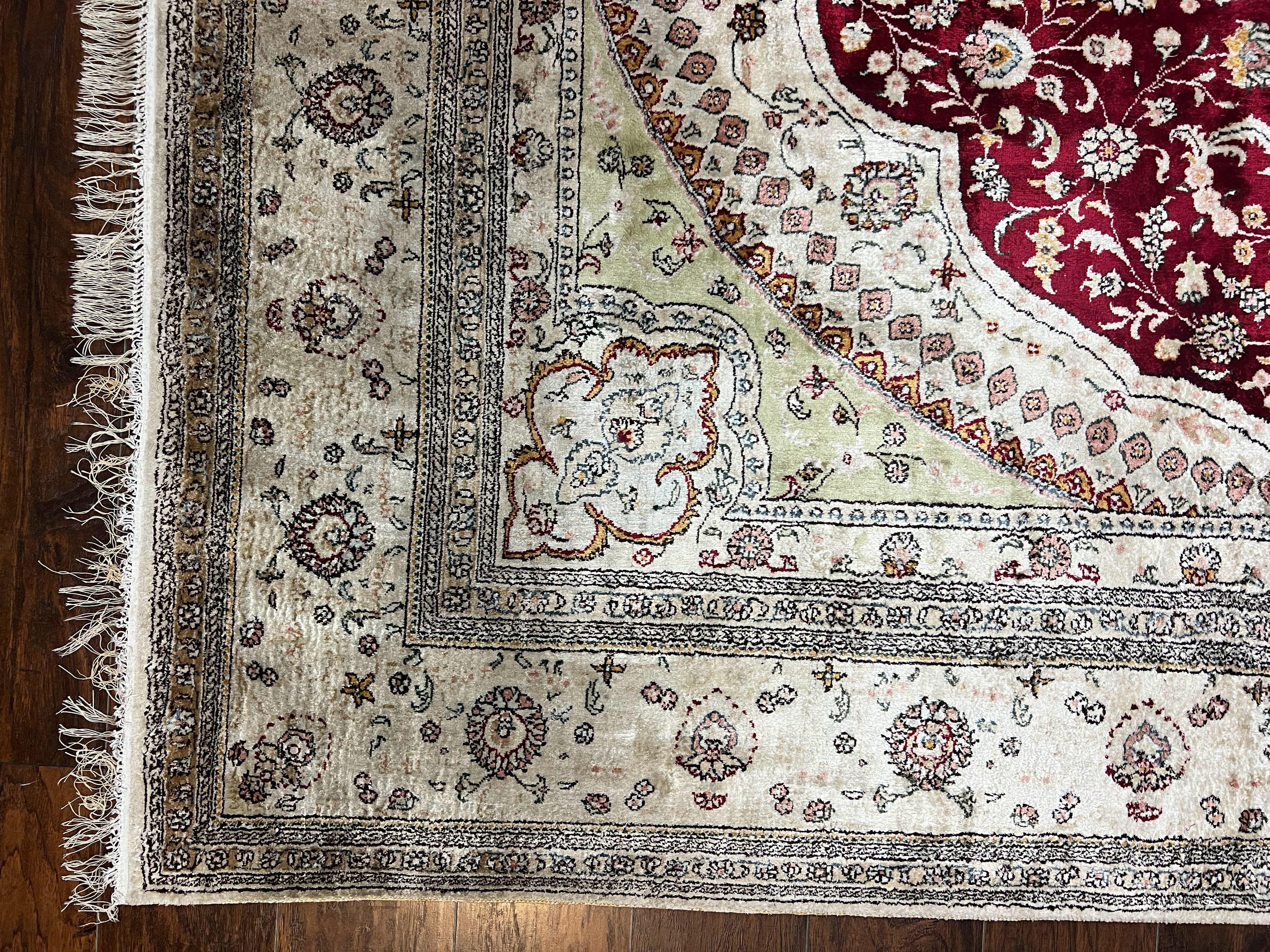 Silk Indian Kashmiri Rug 9x12, Room Sized Silk Carpet, Floral Medallion, Very Fine, Masterpiece Rug, Silk Oriental Rug, Dark Red & Cream Rug - Jewel Rugs