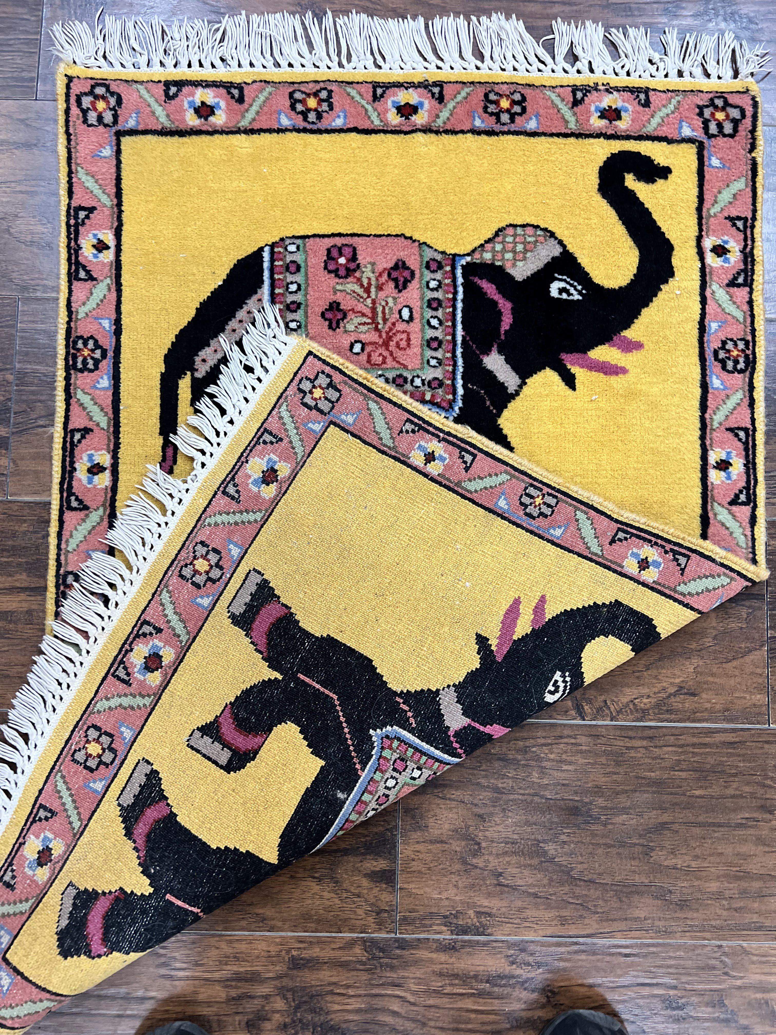 Unique Indian Pictorial Rug 2x3, Small Wool Hand Knotted Oriental Carpet, Yellow, Two Elephants, Handmade - Jewel Rugs