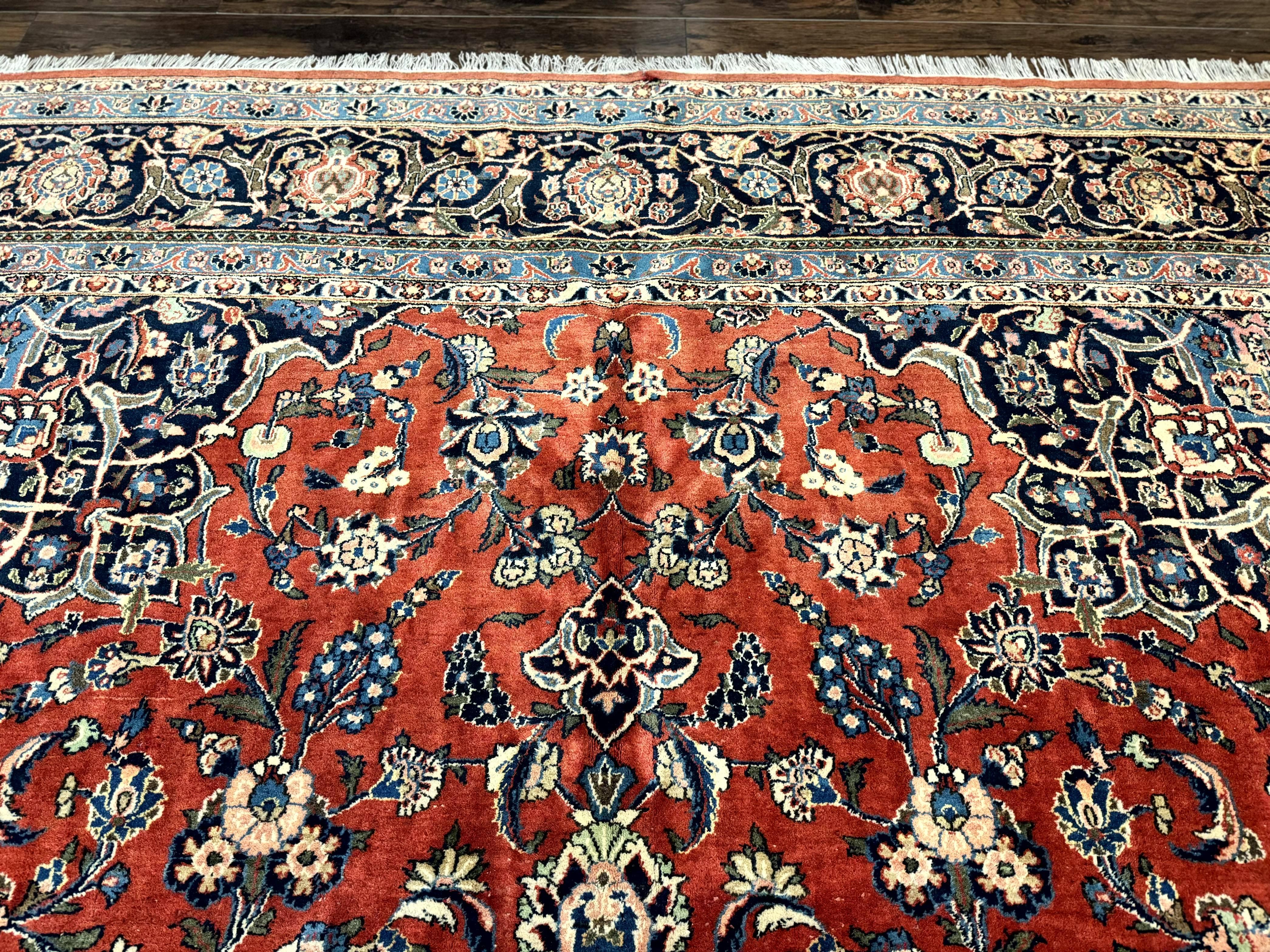 Red Persian Kashan Rug 10x14, Hand-Knotted Semi Antique Floral Medallion Handmade Wool Carpet, Red & Navy Blue - Jewel Rugs