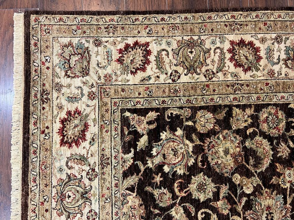 Indo Persian Rug 9x12, Vintage Indian Oriental Carpet 9 x 12 ft, Brown and Cream Hand Knotted Area Rug, Floral Allover Wool Traditional Rug - Jewel Rugs