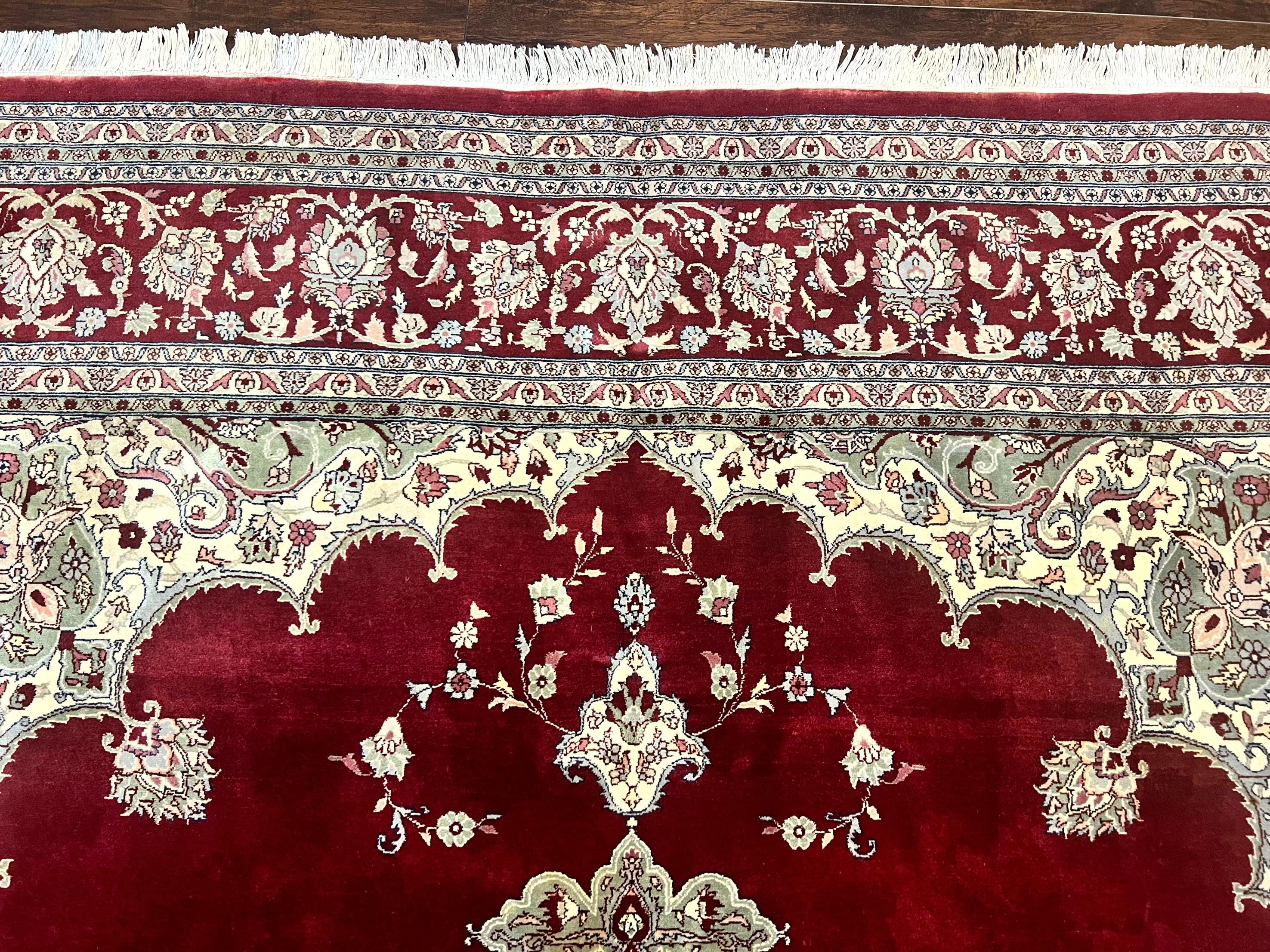 Pak Persian Rug 9x12, Handmade Vintage Traditional Wool Carpet, Floral Medallion, Dark Red Ivory/Cream, Fine 250 KPSI - Jewel Rugs