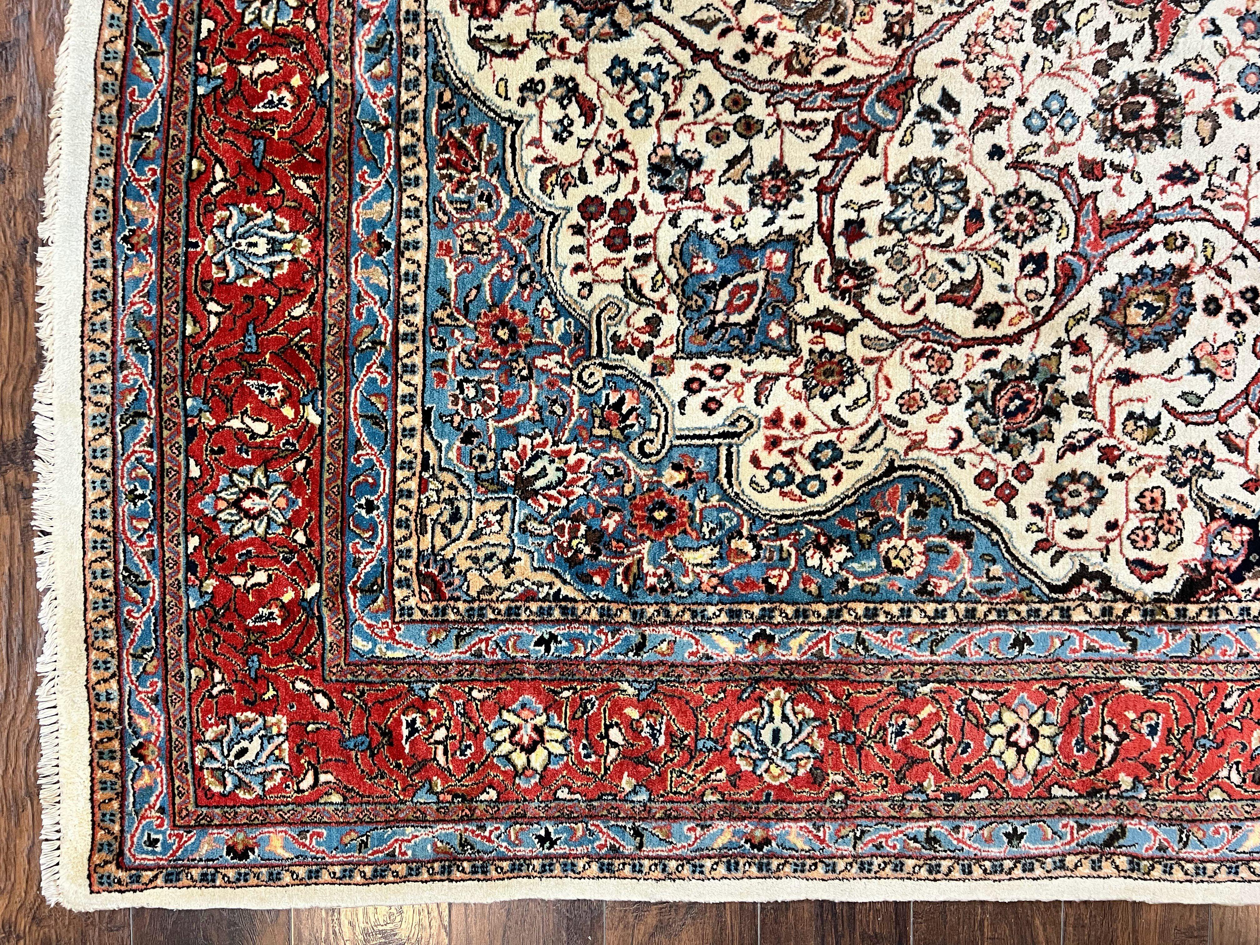 Persian Sarouk Rug 8x12, Wool Hand Knotted Antique Carpet, Floral Medallion, Cream Red, Traditional Oriental Rug - Jewel Rugs