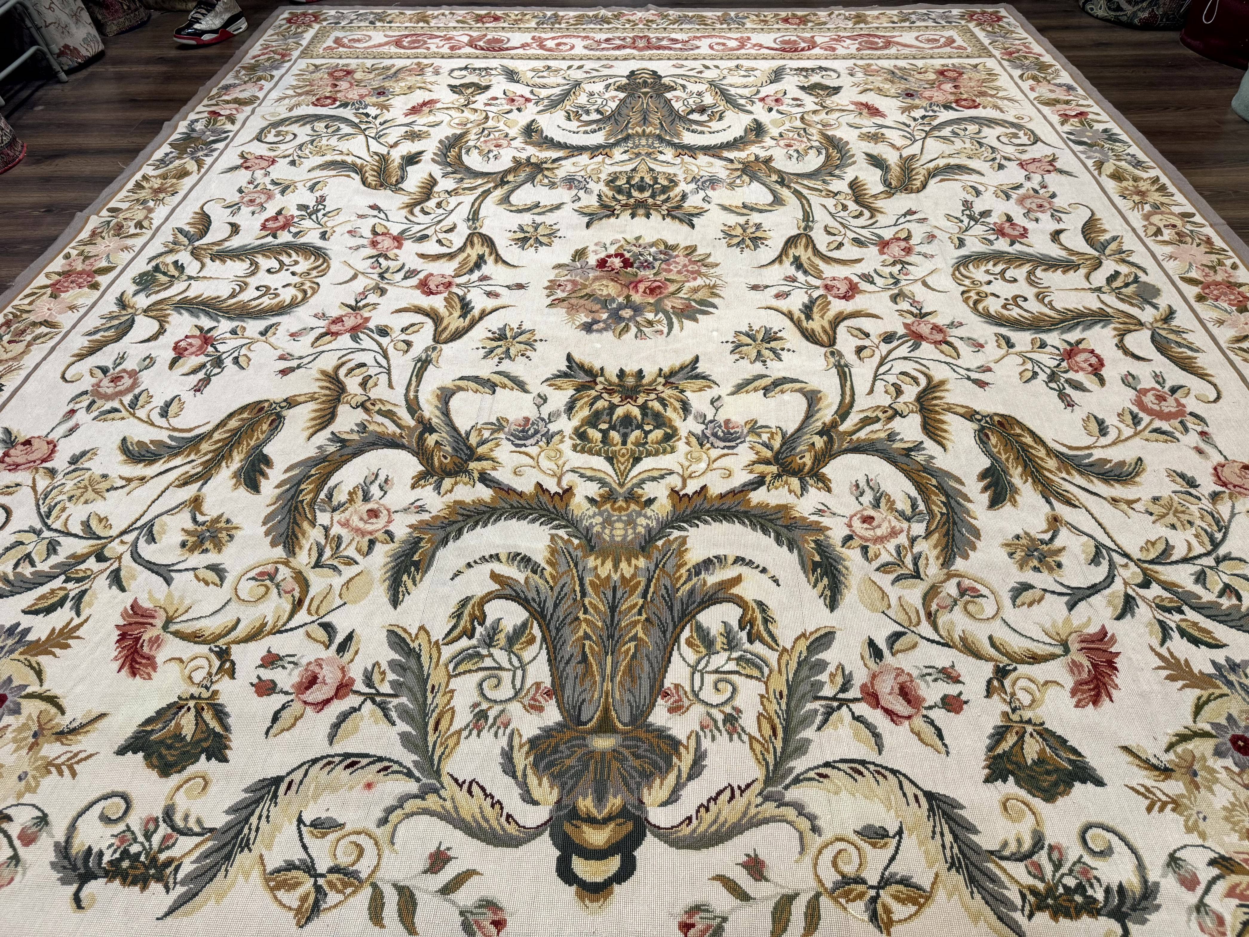 Aubusson Needlepoint Rug 10x14, Elegant European French Carpet, Vintage Carpet - Jewel Rugs