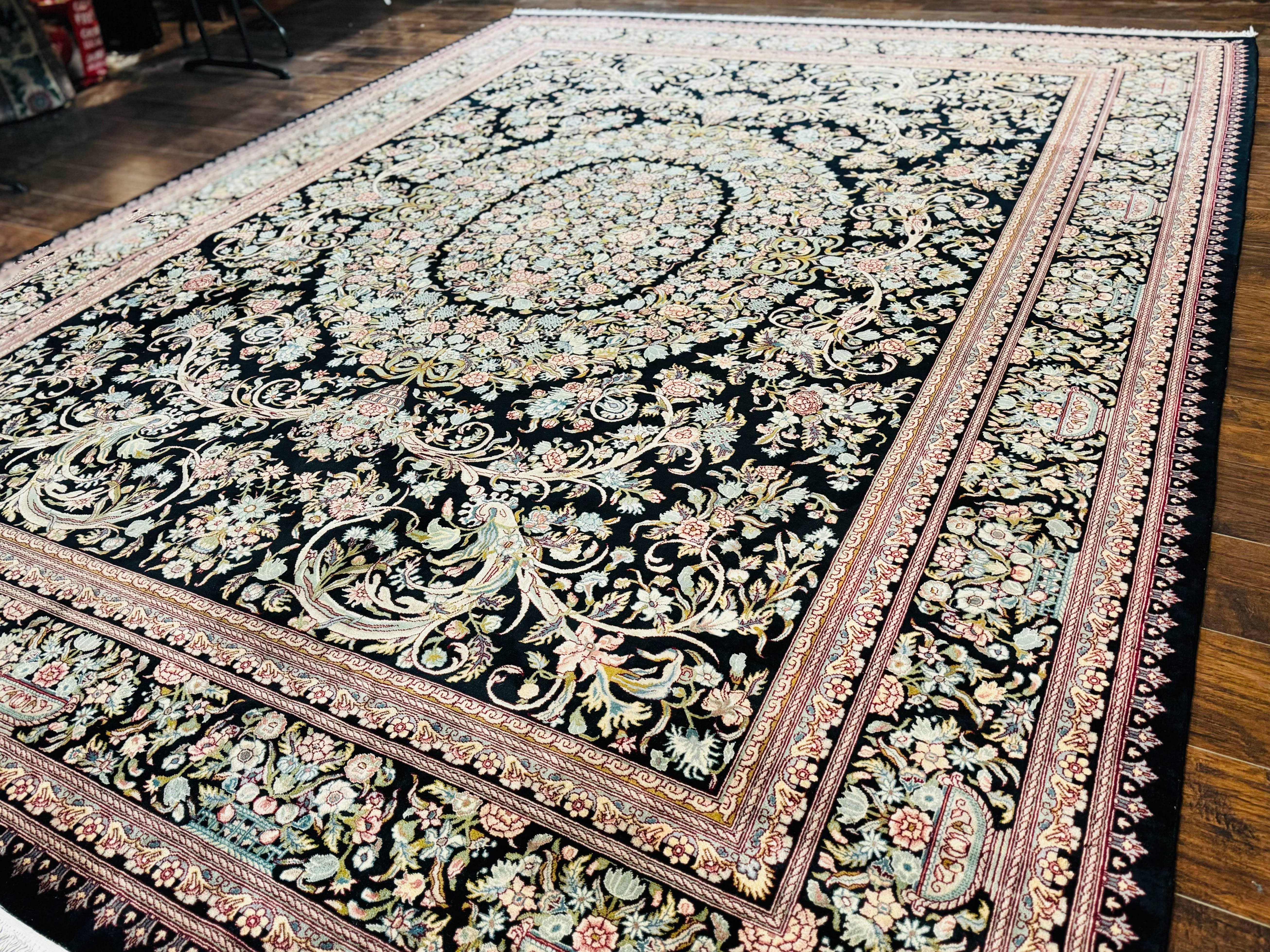 Pak Persian Rug 9x12, Highly Detailed Fine 260 KPSI, Floral, Handmade Traditional Carpet, Black - Jewel Rugs