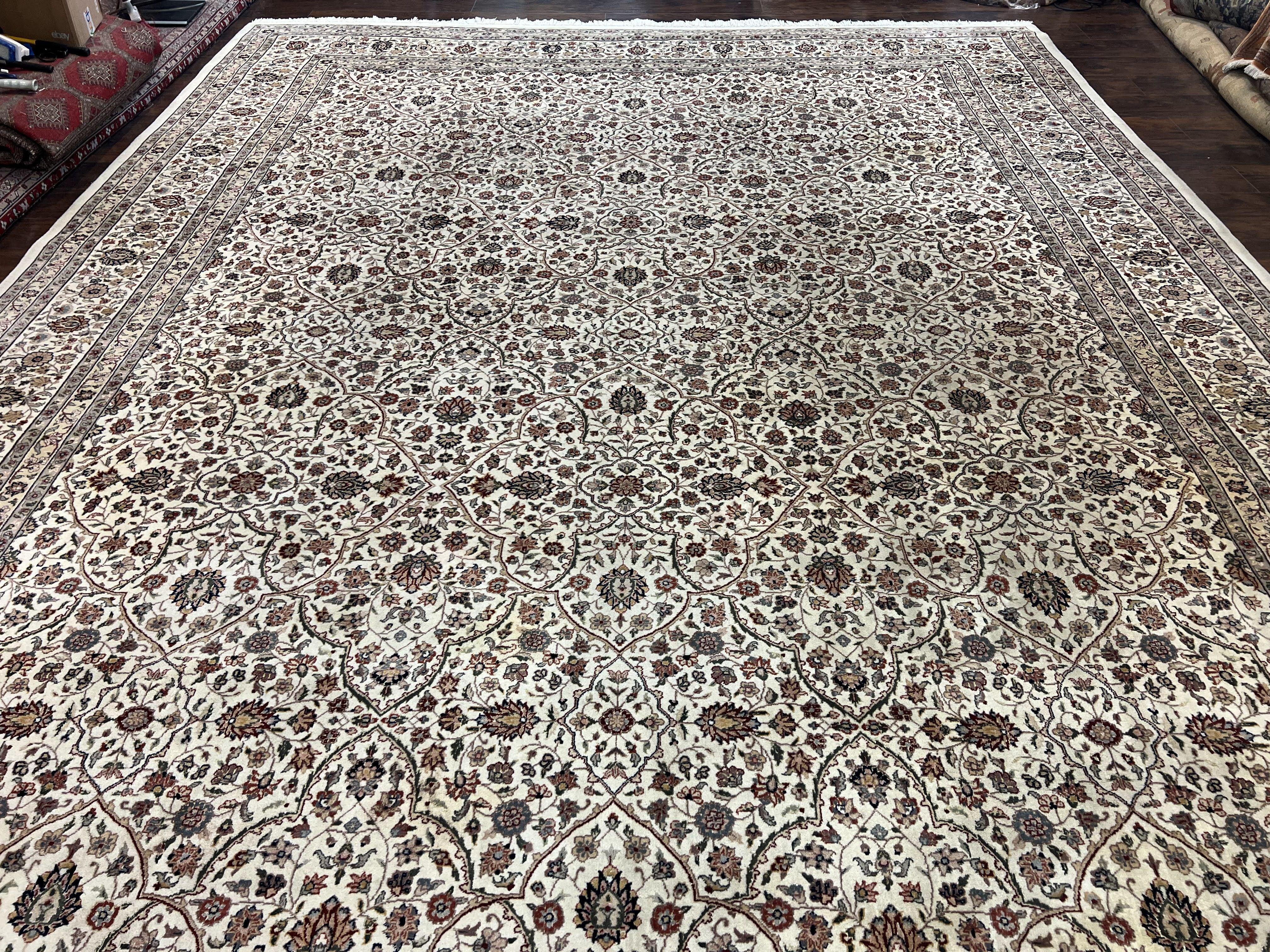 Large Pak Persian Rug 11x15, Oversized Oriental Carpet, Palace Size 11 x 15 ft, Floral Allover, Ivory Taupe, Handmade Wool Vintage Area Rug - Jewel Rugs