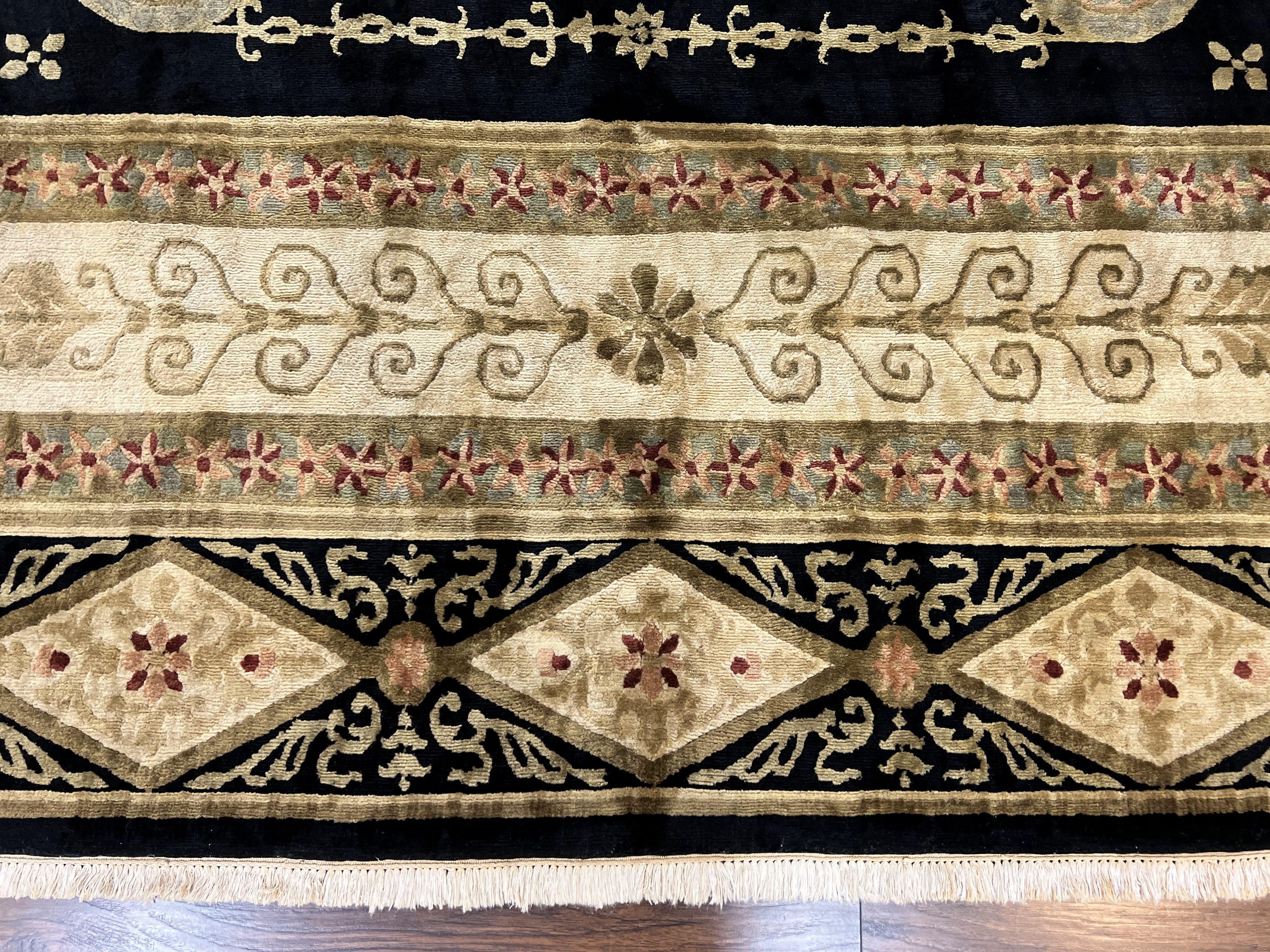 Tibetan Rug 8x10, Nepali Area Rug, Soft New Zealand Wool Carpet 8 x 10 ft, Black Tan Beige, Vintage Handmade Rug, French Aubusson Pattern - Jewel Rugs