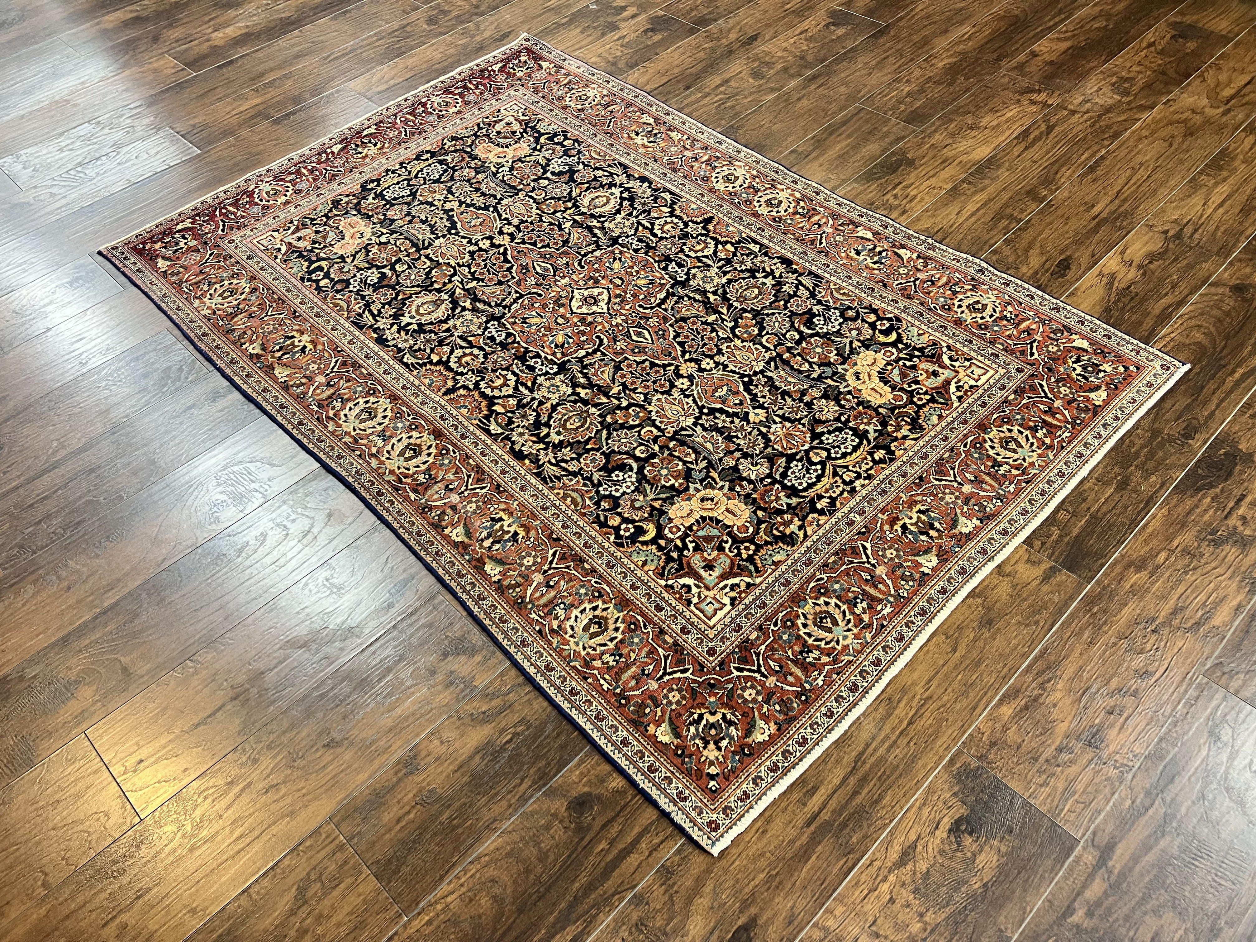 Persian Kashan Rug 4x7, Floral Medallion Vintage Handmade Hand Knotted Navy Blue & Red Wool Oriental Carpet, Highly Detailed Semi Antique Rug - Jewel Rugs
