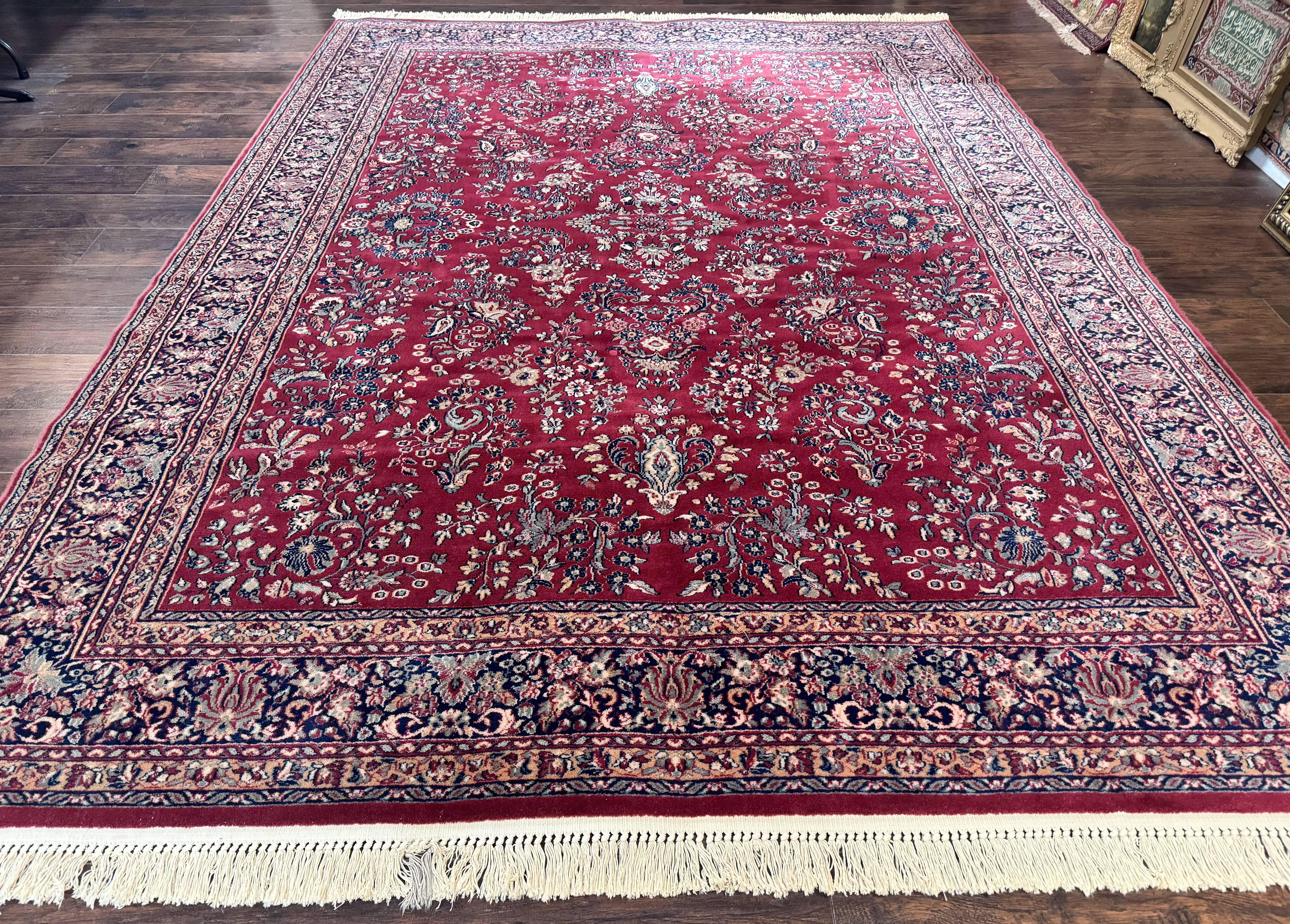Karastan Rug 8 x 11.6, Rose Sarouk 300-1007, Vintage Wool Karastan Carpet, Beligum Power Loomed Rug, Floral, Red, Wool Pile - Jewel Rugs