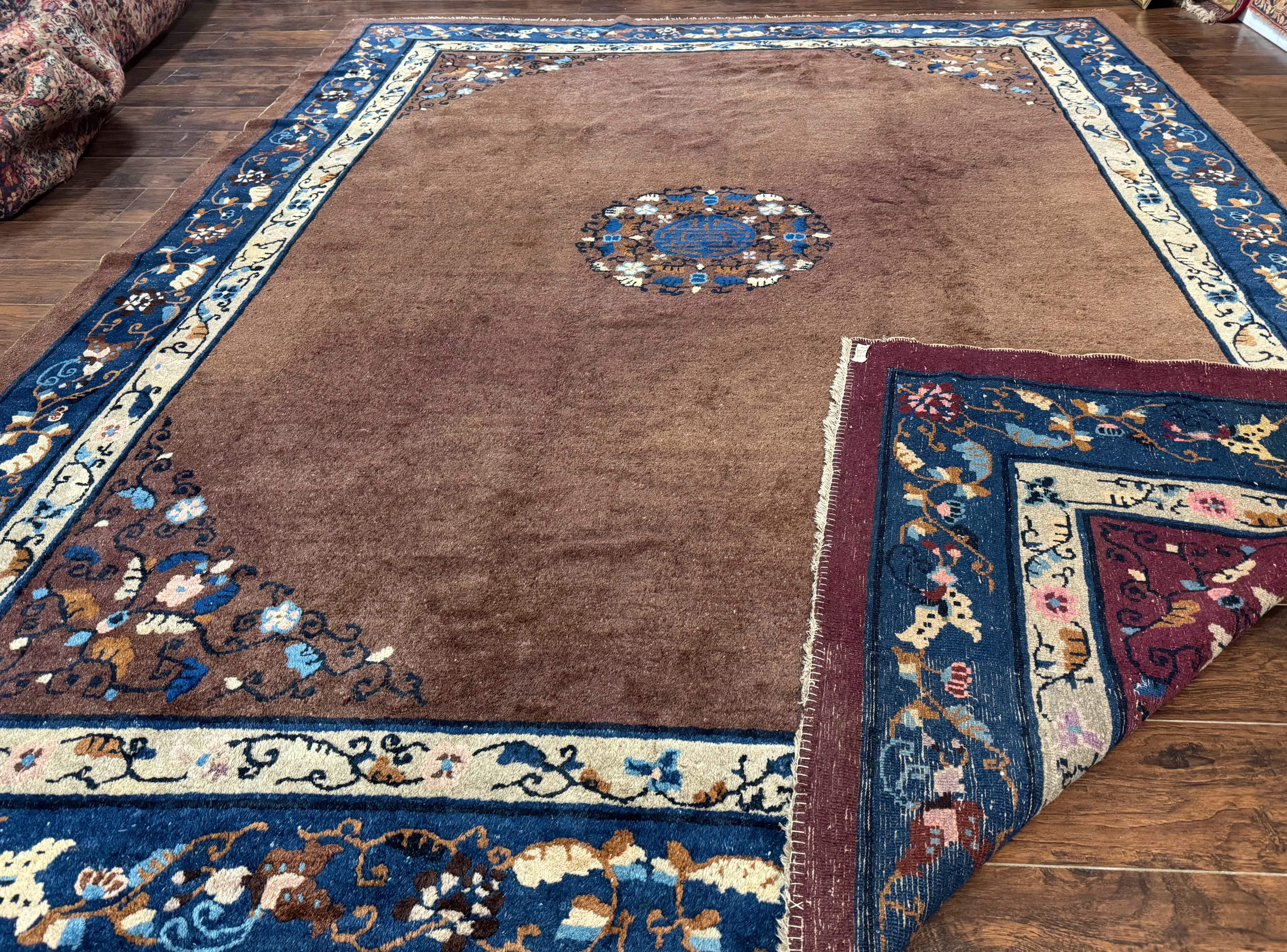 Antique Chinese Wool Rug 9x11, Large Chinese Art Deco Rug, Peking Rug, Brown and Blue, Open Field, Fete Rug - Jewel Rugs