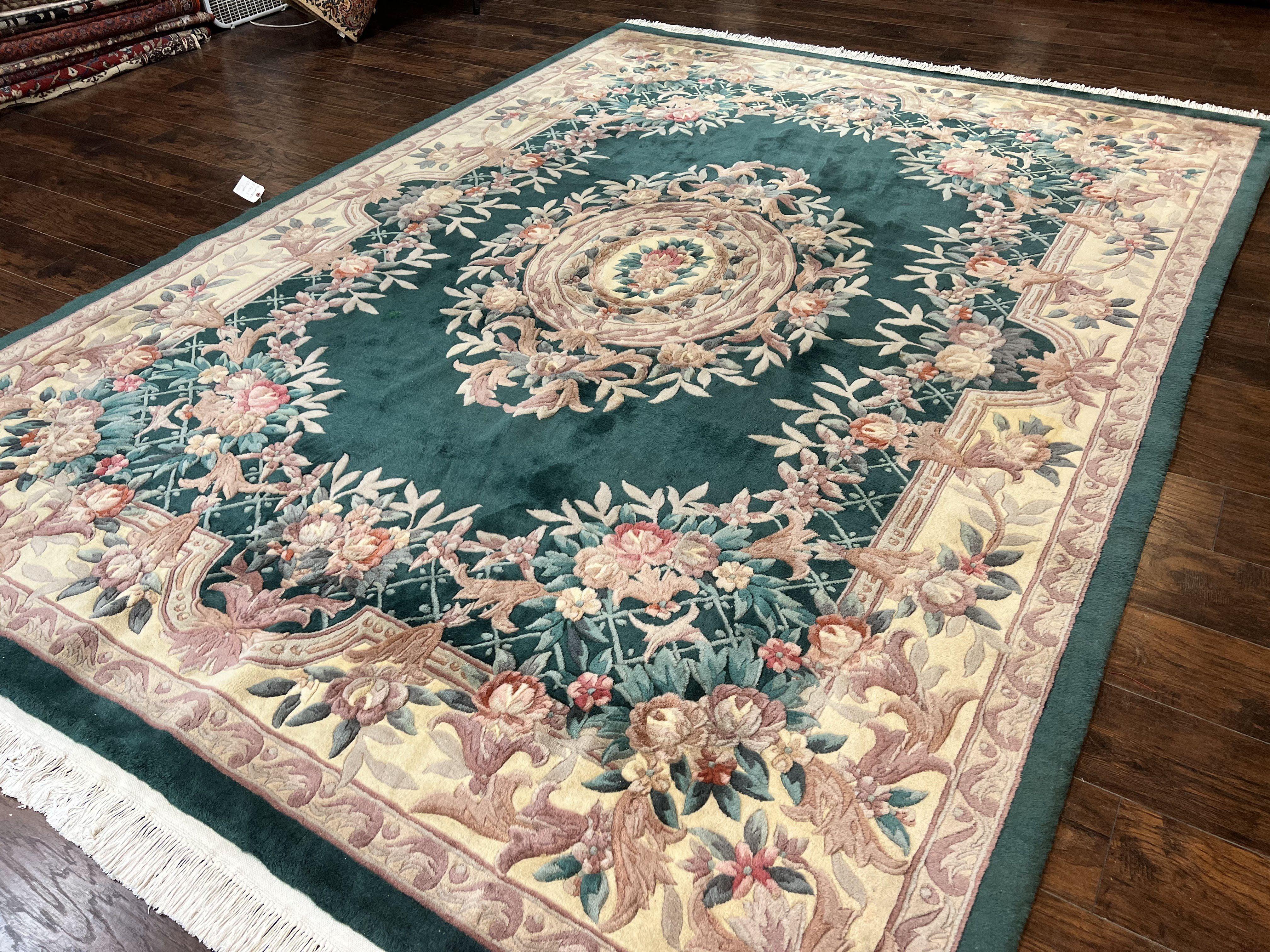 Chinese Wool Rug 9x11, Chinese Aubusson Carpet 9 x 11, Green and Cream, 120 Line, Handmade Room Sized Plush Pile, Vintage Rug - Jewel Rugs