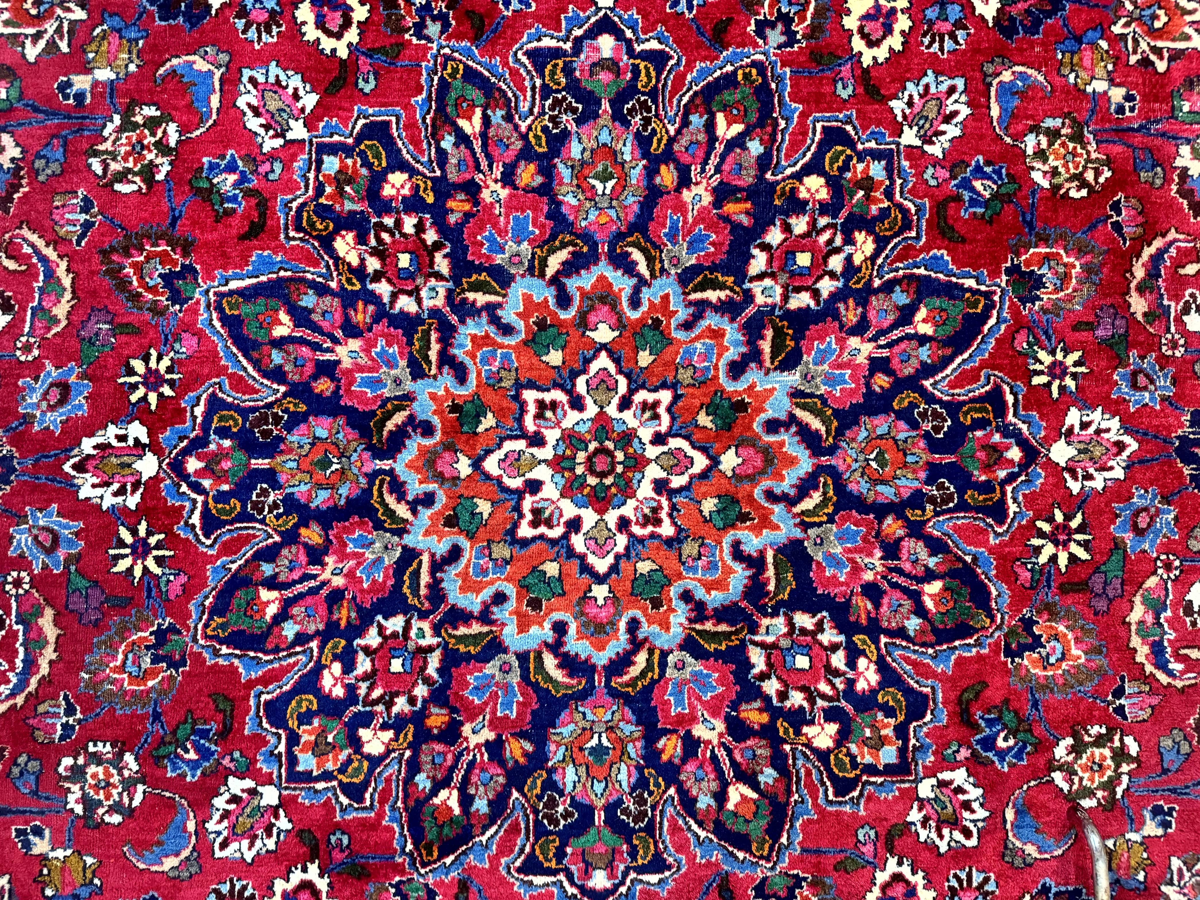 Antique Persian Mashad Rug 10x13, Red and Navy Blue, Great Colors, Signed By Masterweaver, Floral Medallion, Handmade Wool Persian Carpet - Jewel Rugs