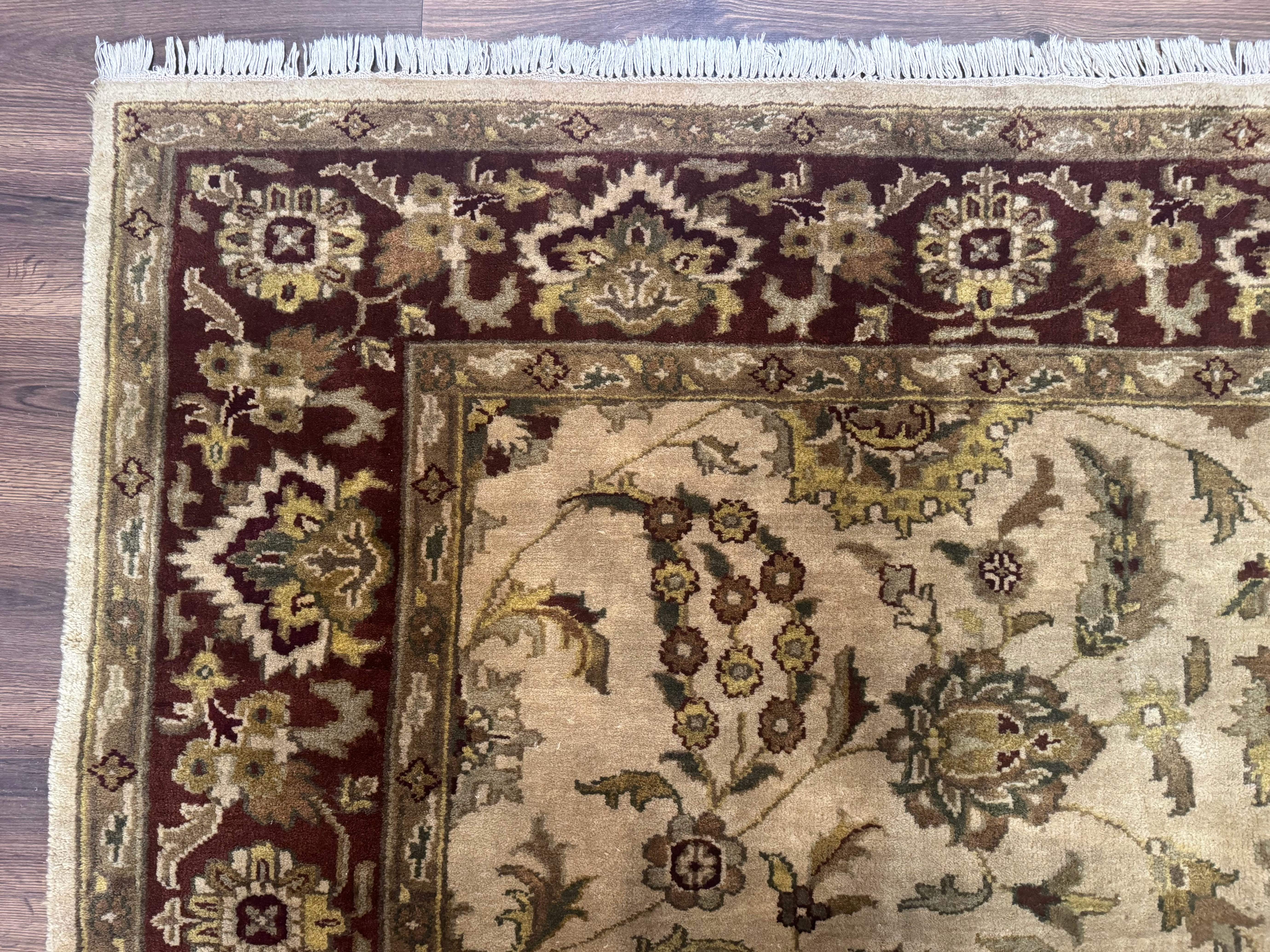 Indo Persian Mahal Rug 8x10 – Beige and Maroon, Hand-Knotted Wool Carpet - Jewel Rugs