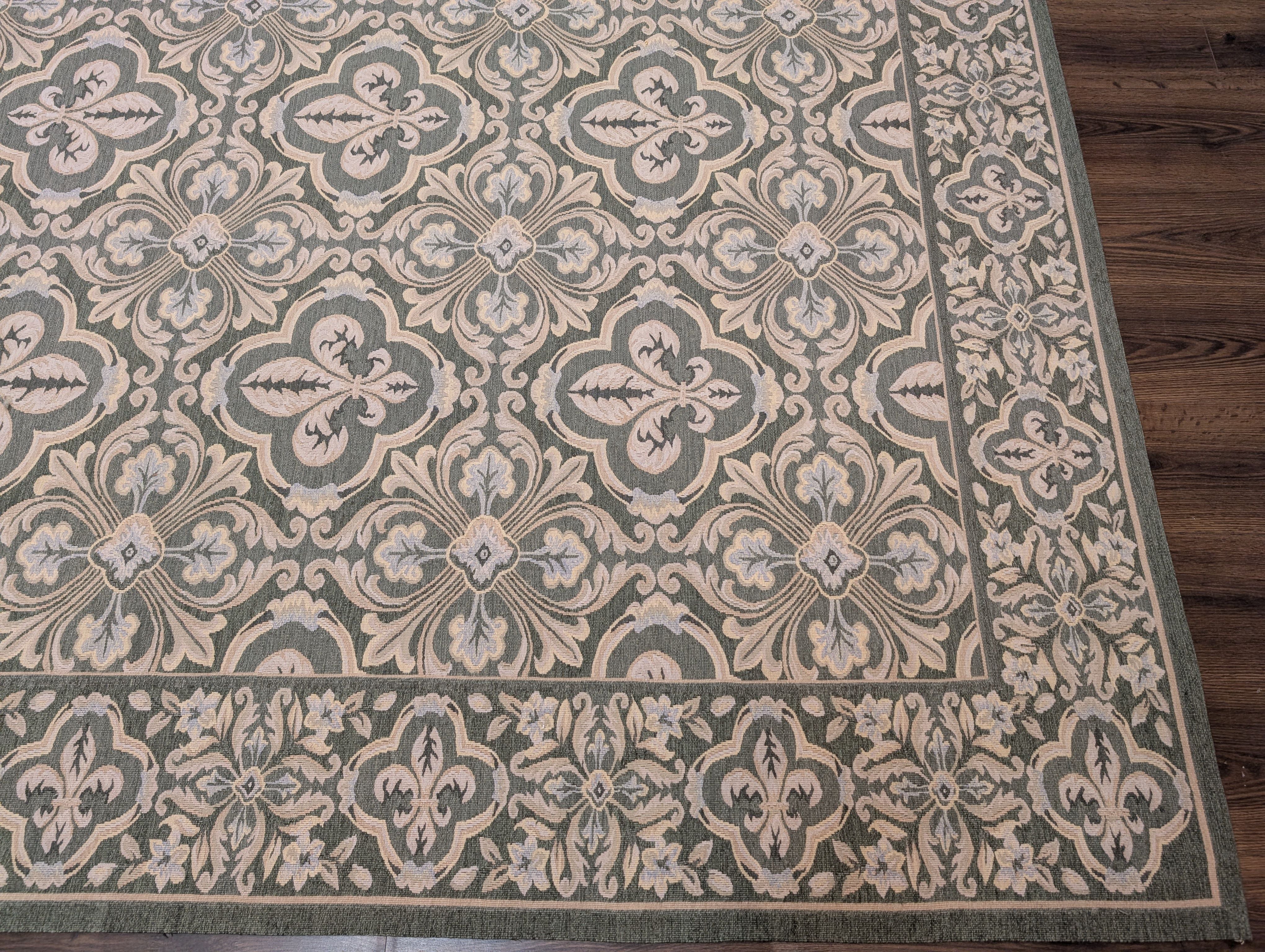 Green Aubusson Rug 9x12, European Design, Wool - Jewel Rugs