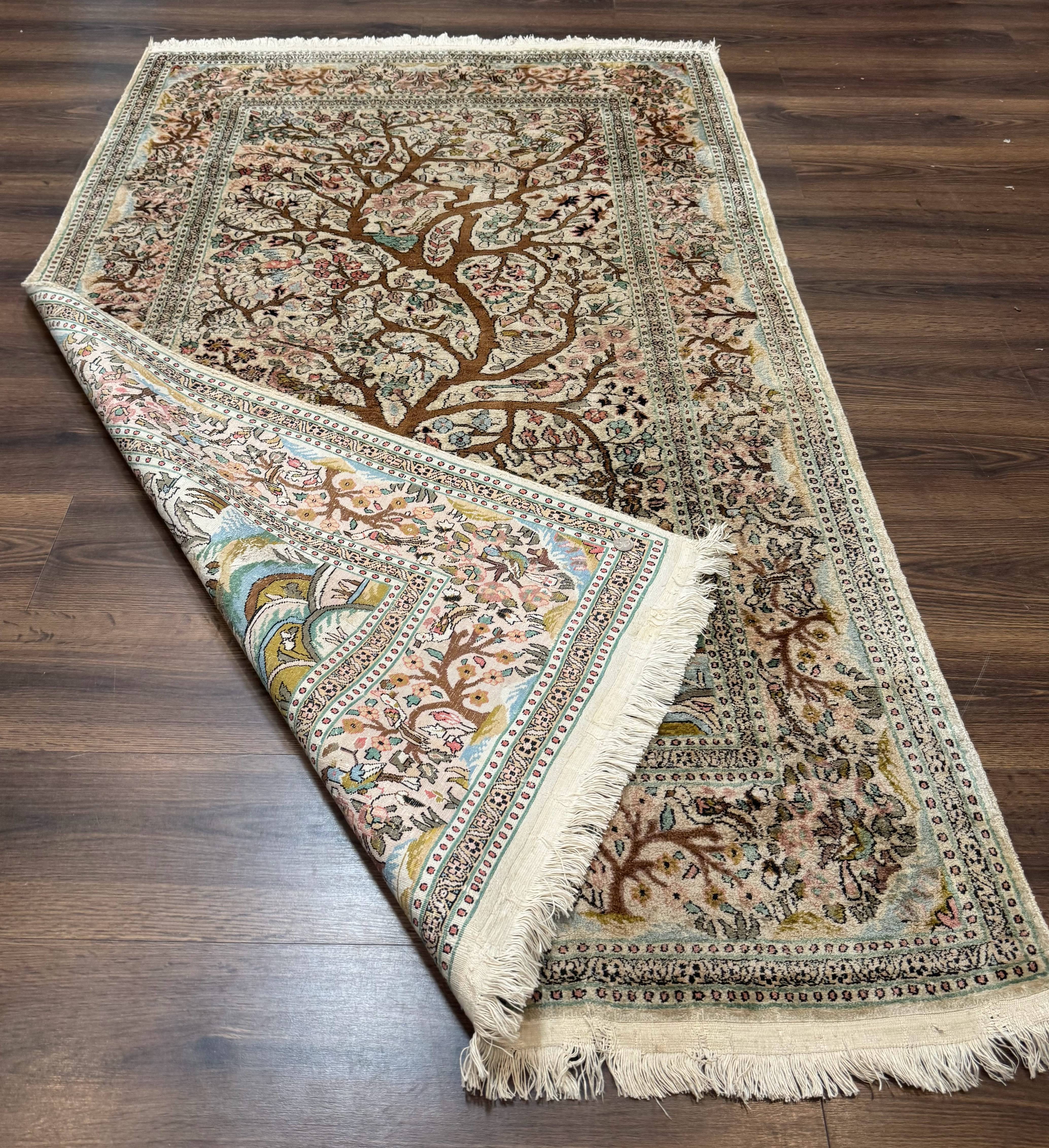 Indian Kashmiri Silk Rug 4x7, Tree of Life Design, Very Fine 380 KPSI, Birds - Jewel Rugs