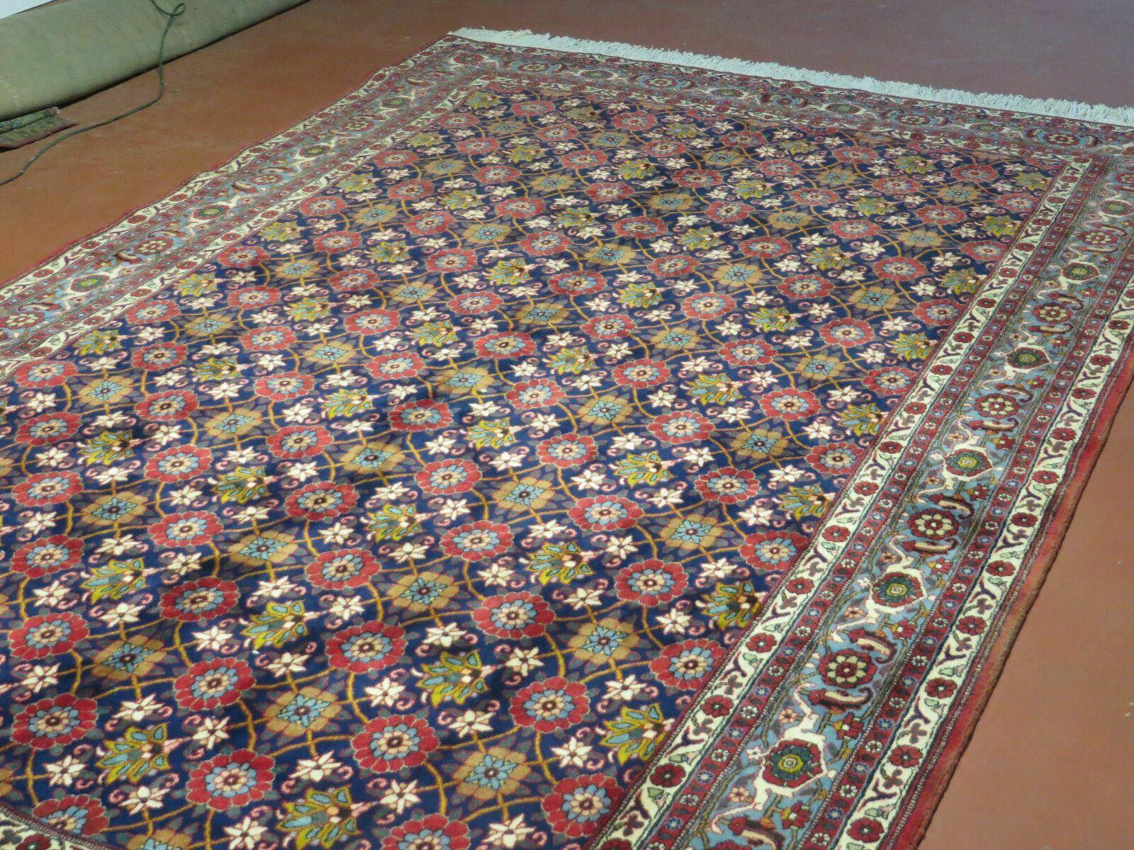 Navy Blue Antique Persian Rug 7x11, Veramin Mina Khani Repeated Allover Pattern, Vintage Authentic Hand Knotted Handmade Wool Room Sized Carpet - Jewel Rugs