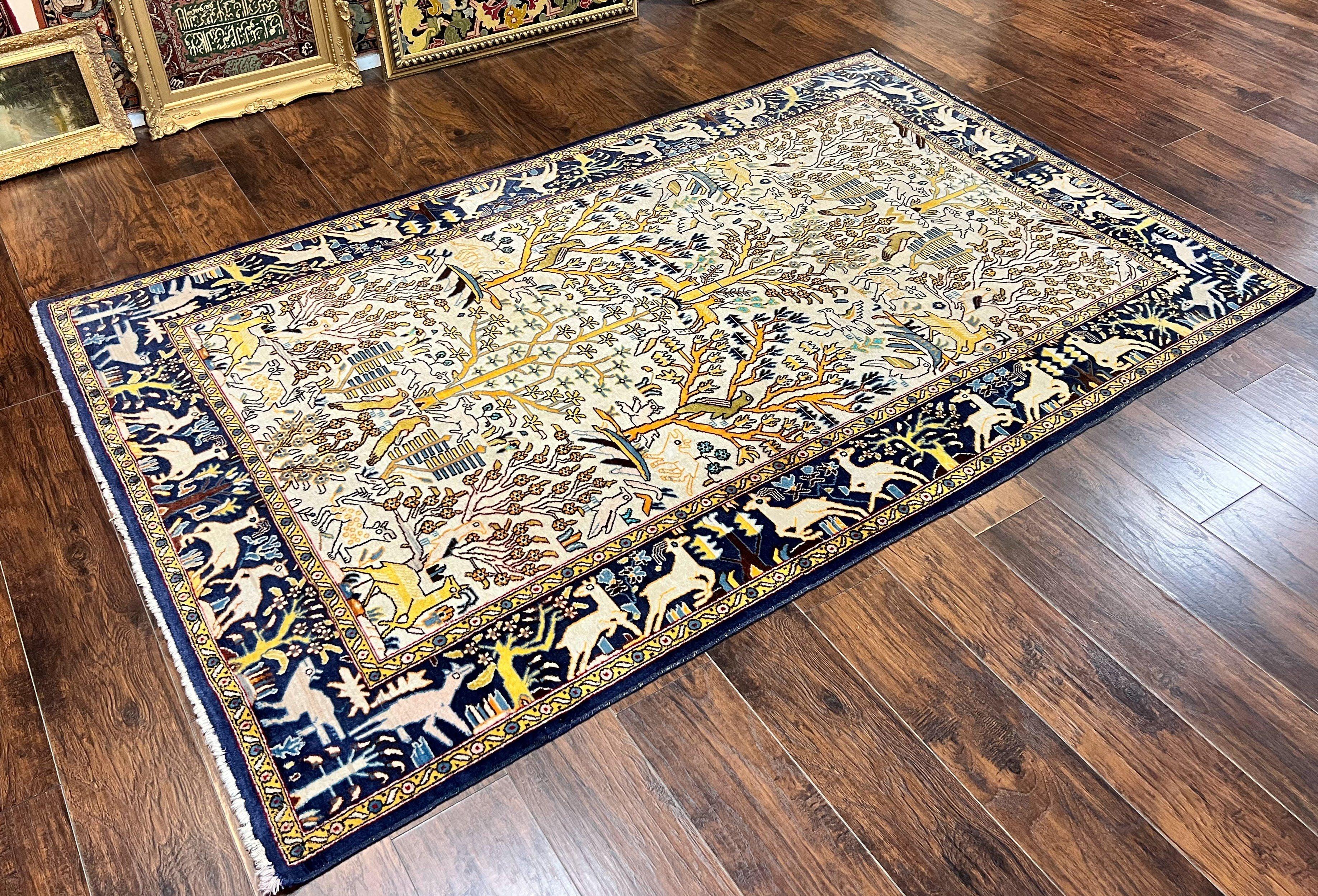 Persian Tree of Life Rug 5x9, Qum Rug, Animal Motifs Deer Birds, Cream and Navy Blue, Semi Antique Vintage Handmade Carpet, Wool & Silk Highlights - Jewel Rugs