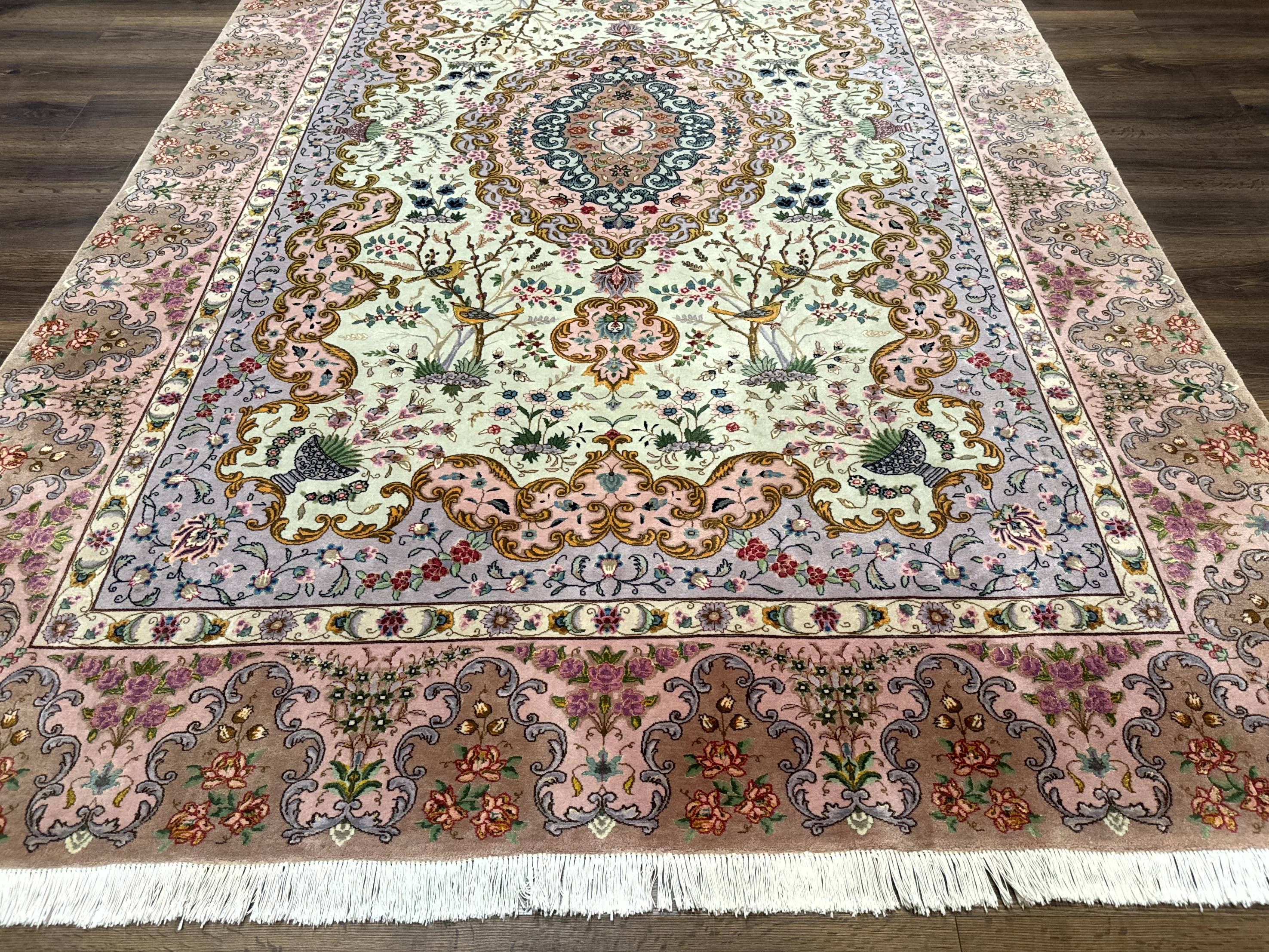 Wonderful Persian Tabriz Rug 7x10, Very Fine 330 KPSI, Light Green Light Blue Pink, Kork Wool Silk Foundation, Bird Pictorials - Jewel Rugs