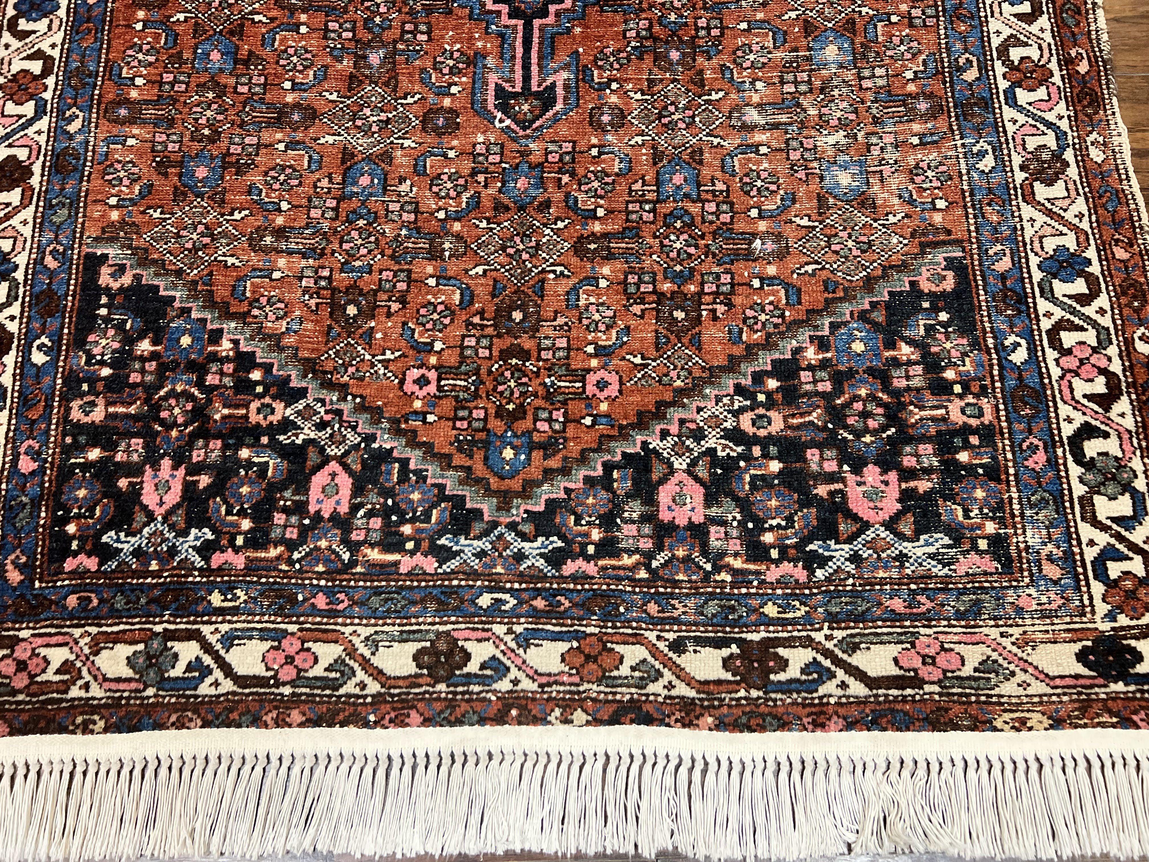 Red Persian Hamadan Rug 4x6, Wool Handmade Antique Carpet, Geometric Medallion Rug, Oriental Rug 4 x 6, Persian Tribal Rug, Hand Knotted Rug - Jewel Rugs
