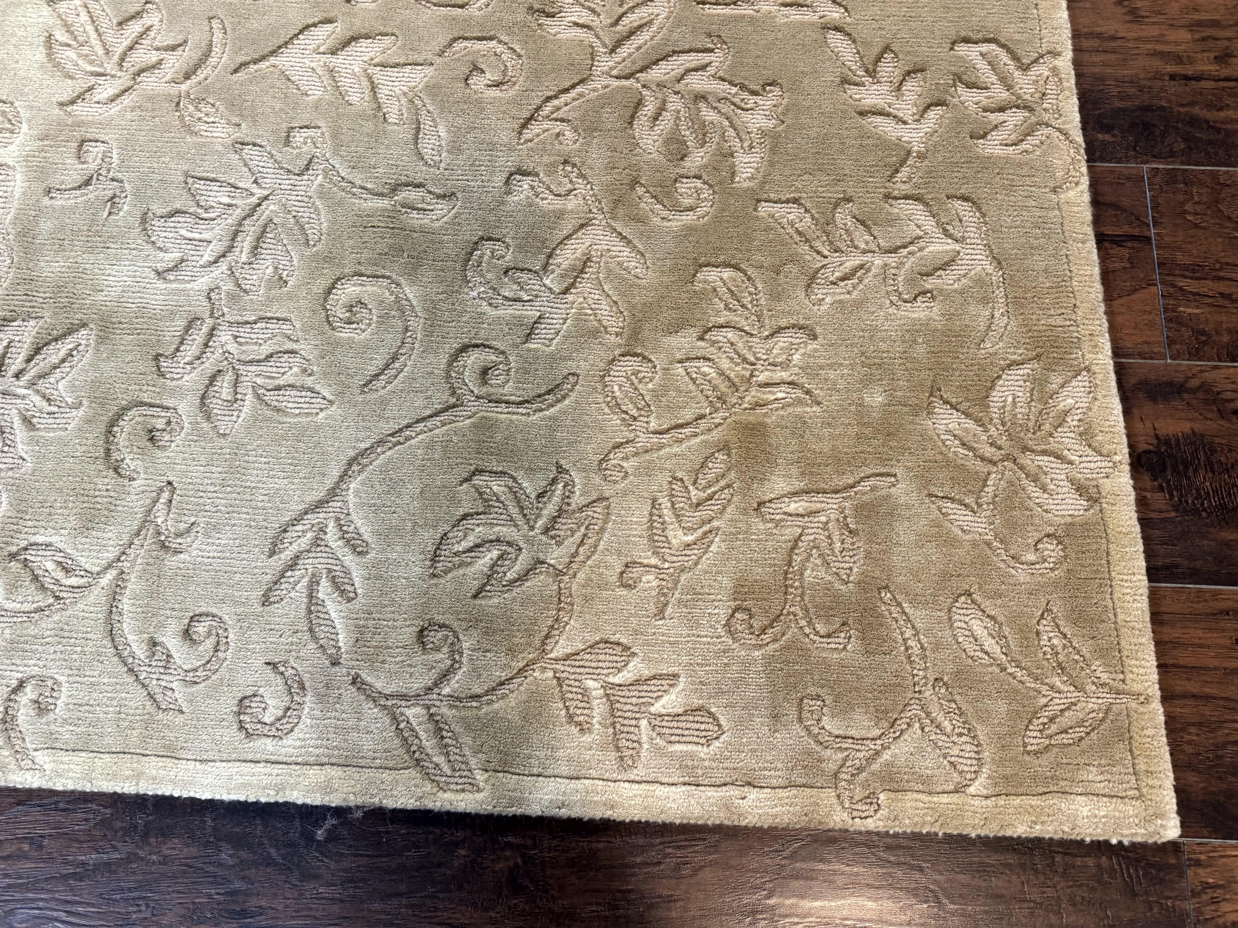 Modern Tibetan Rug 3.7 x 5.5, Carved Floral Design, Wool and Silk Highlights - Jewel Rugs