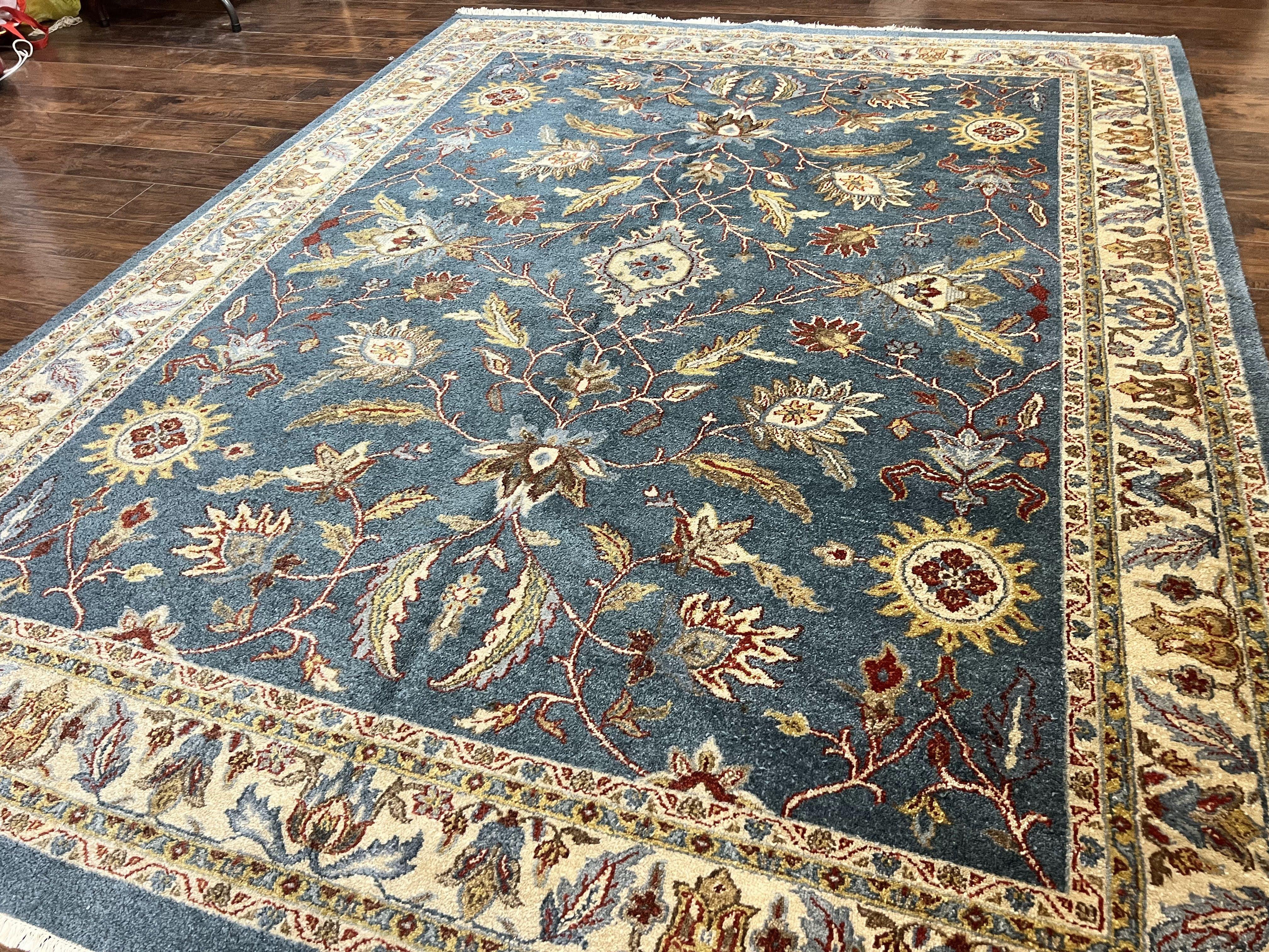 Indo Persian Rug 8x10, Blue Oriental Carpet, Floral, Handmade Vintage Wool Rug - Jewel Rugs