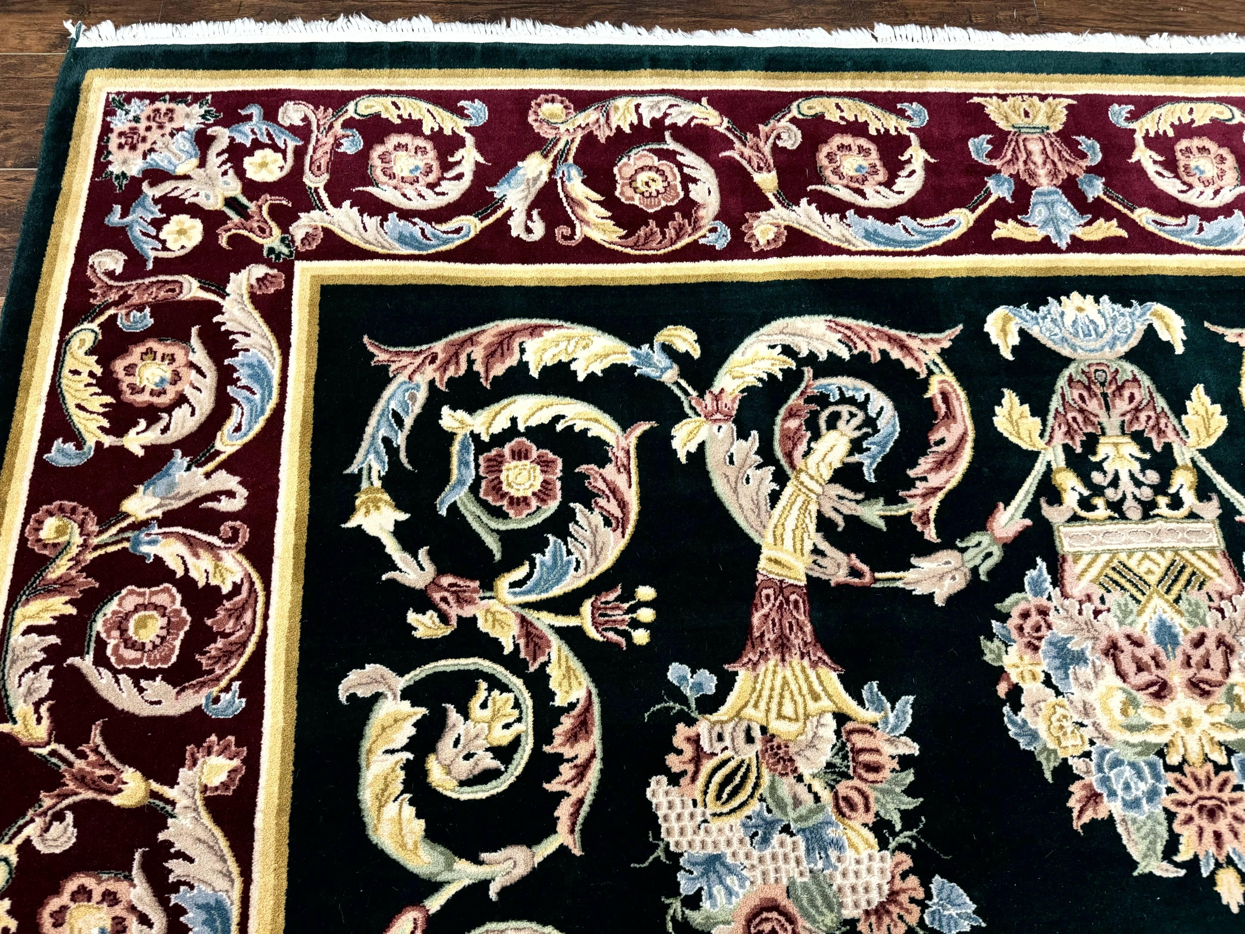 Aubusson Rug 9x12, Dark Green, European Design, Vintage Fine Handmade Carpet, Elegant - Jewel Rugs