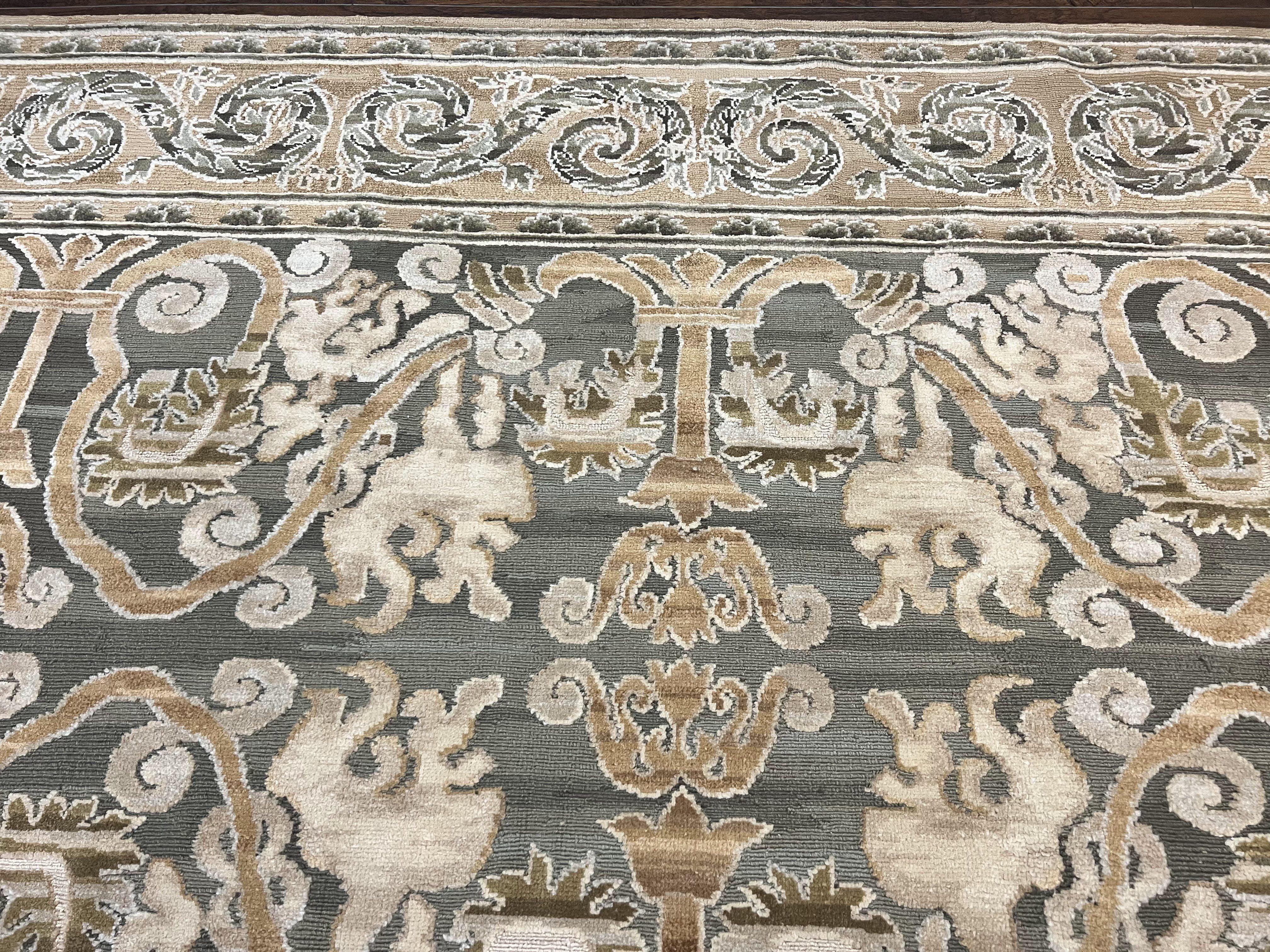 Spanish Rug 11x14, Wool Hand Knotted Vintage Carpet, Olive Green and Beige, Floral Allover, European Design, 11 x 14 Rug - Jewel Rugs