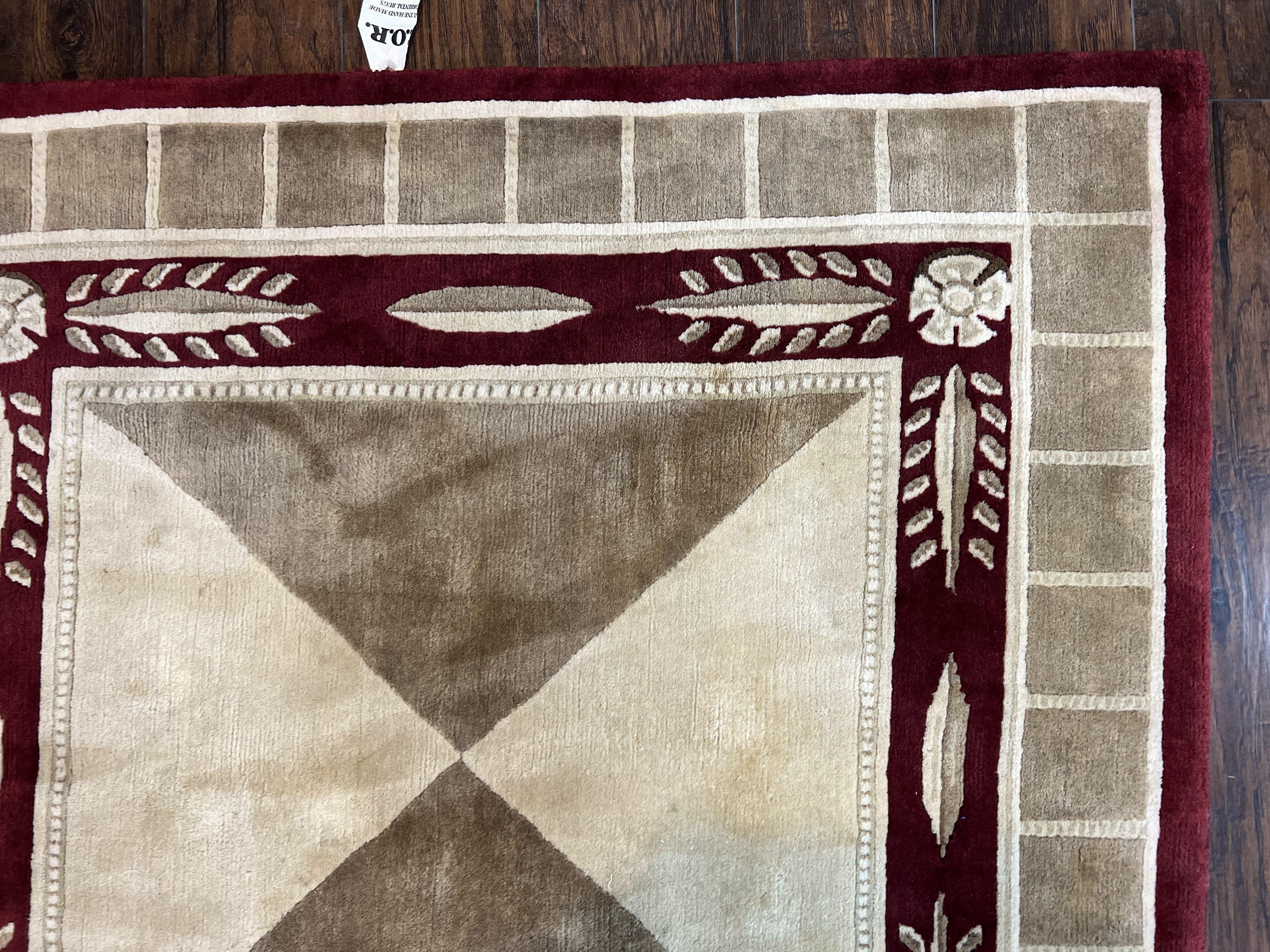 Indo Tibetan Rug 10x14, Nepali Carpet, Large Soft Wool Area Rug, Olive Tan Maroon, Contemporary Rug 10 x 14 ft Living Room Rug, Handmade Rug - Jewel Rugs