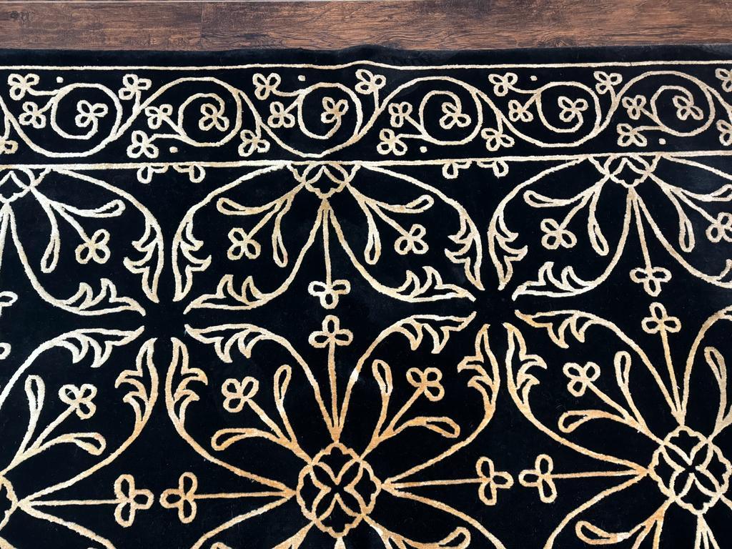 Tibetan Rug 8x10, Wool and Silk, Raised Pattern, Black and Gold, Floral - Jewel Rugs