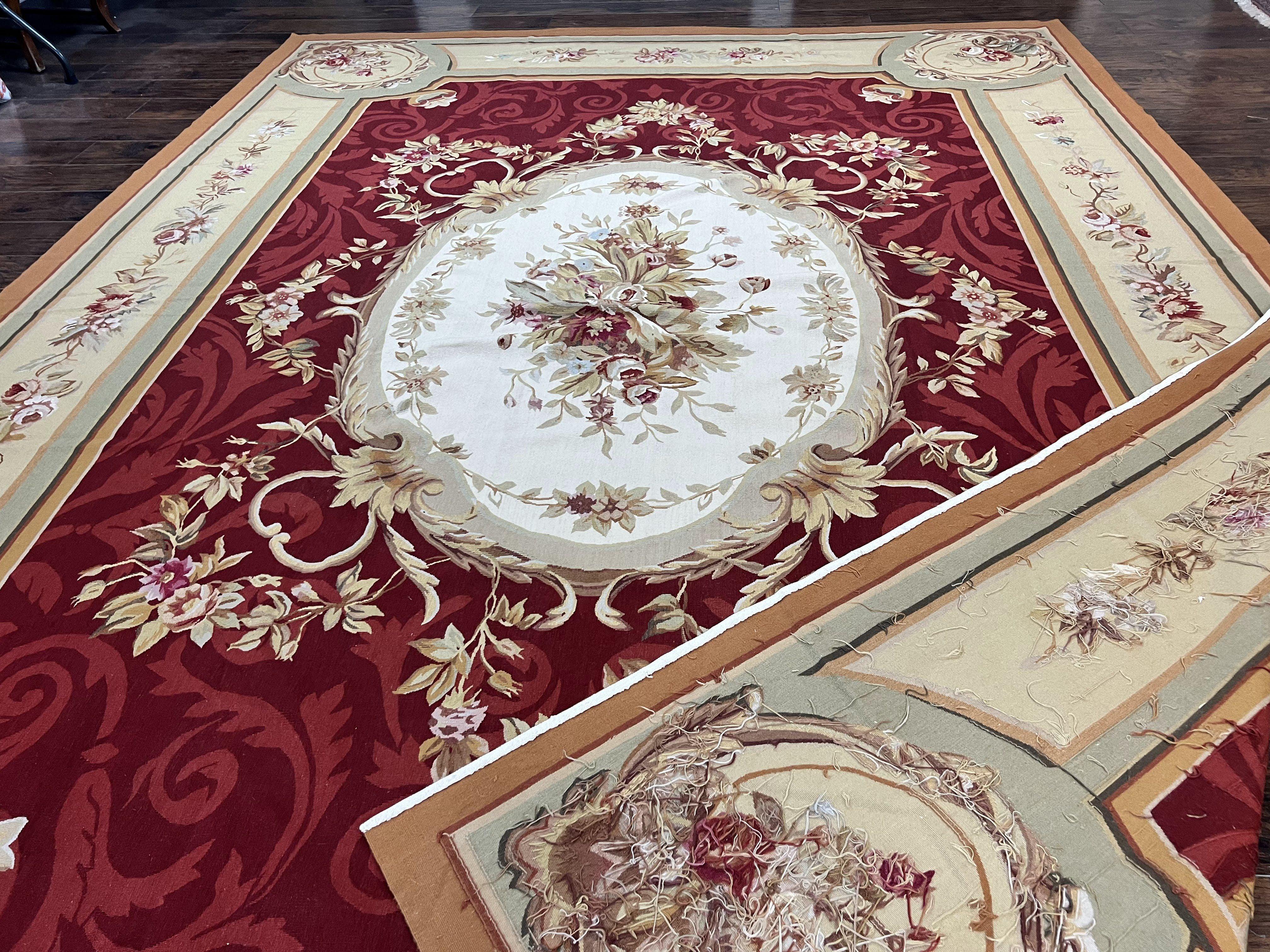 Large Aubusson Rug 10x14, Wool Handmade Vintage Carpet, Dark Red Ivory Tan, French European Elegant Aubusson Weave Rug - Jewel Rugs
