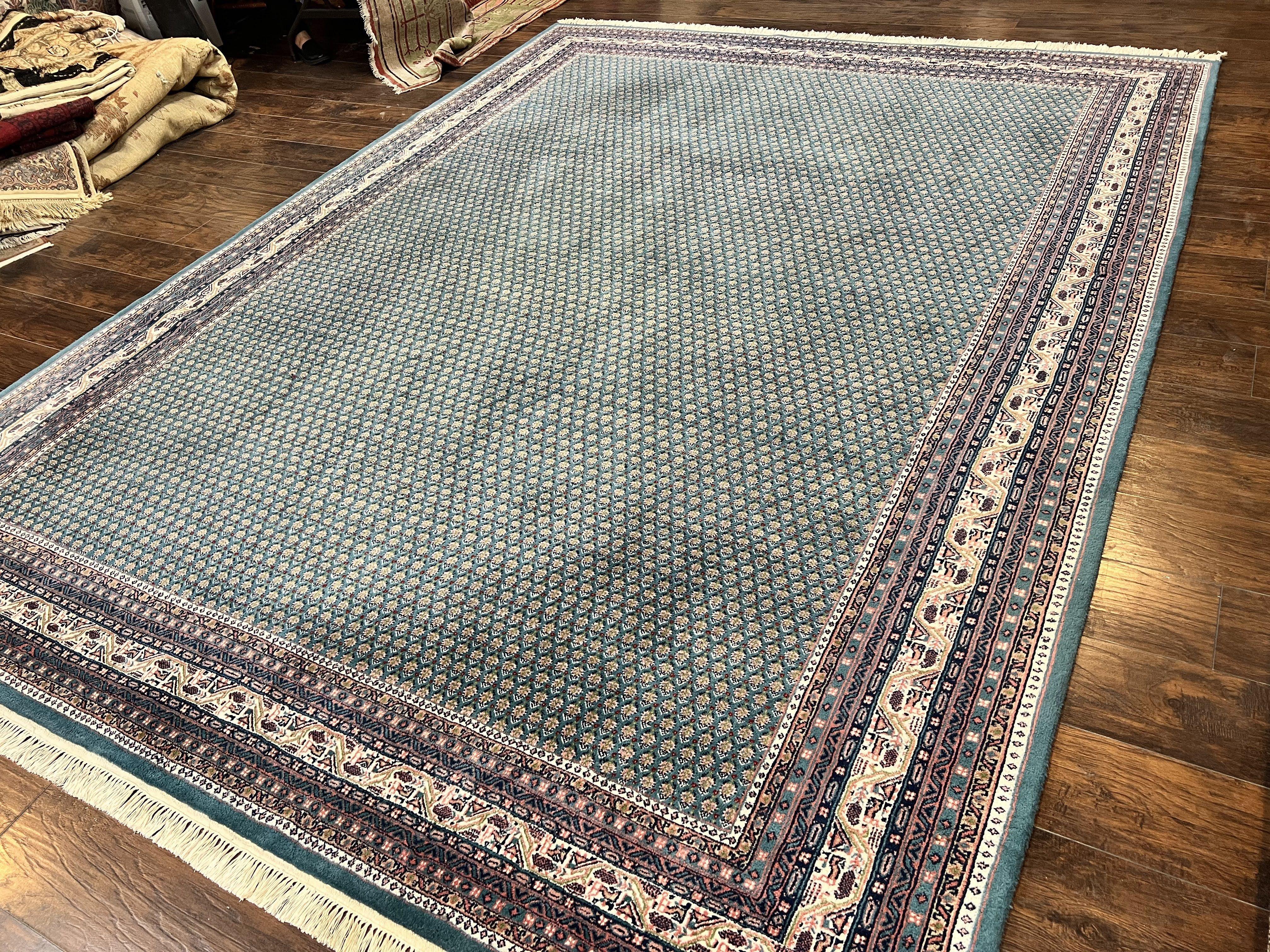 Indo Persian Sarouk Mir Rug 9x12, Green and Cream/Beige, Repeated Boteh Paisley Design, Soft Wool Handmade Hand Knotted Indian Oriental Rug - Jewel Rugs