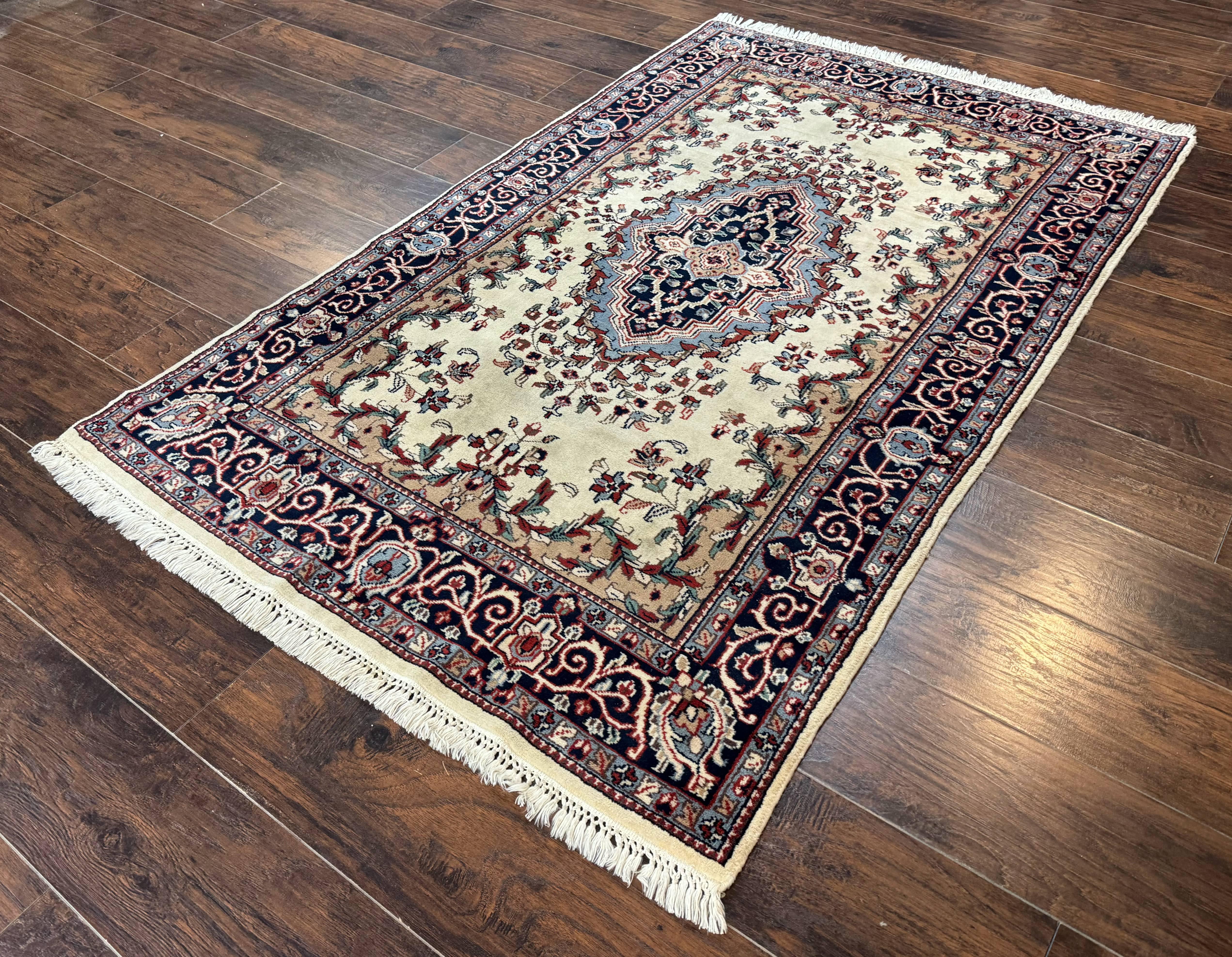 Indian Kashmiri Rug 4x6, Ivory Beige Navy Blue, Traditional Indo Persian Rug - Jewel Rugs