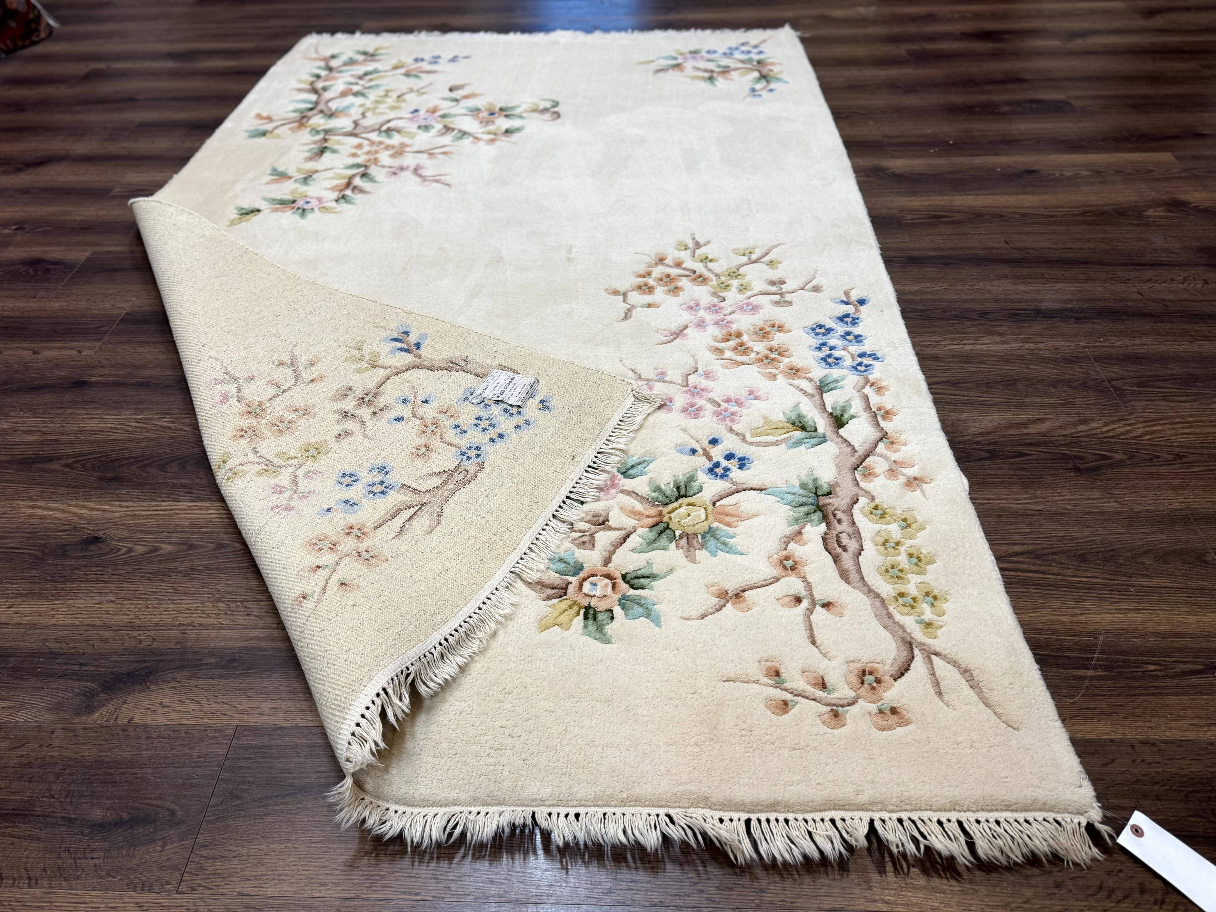 Indo Chinese Wool Rug 5x9, Simple Design, Floral, Ivory, Vintage - Jewel Rugs