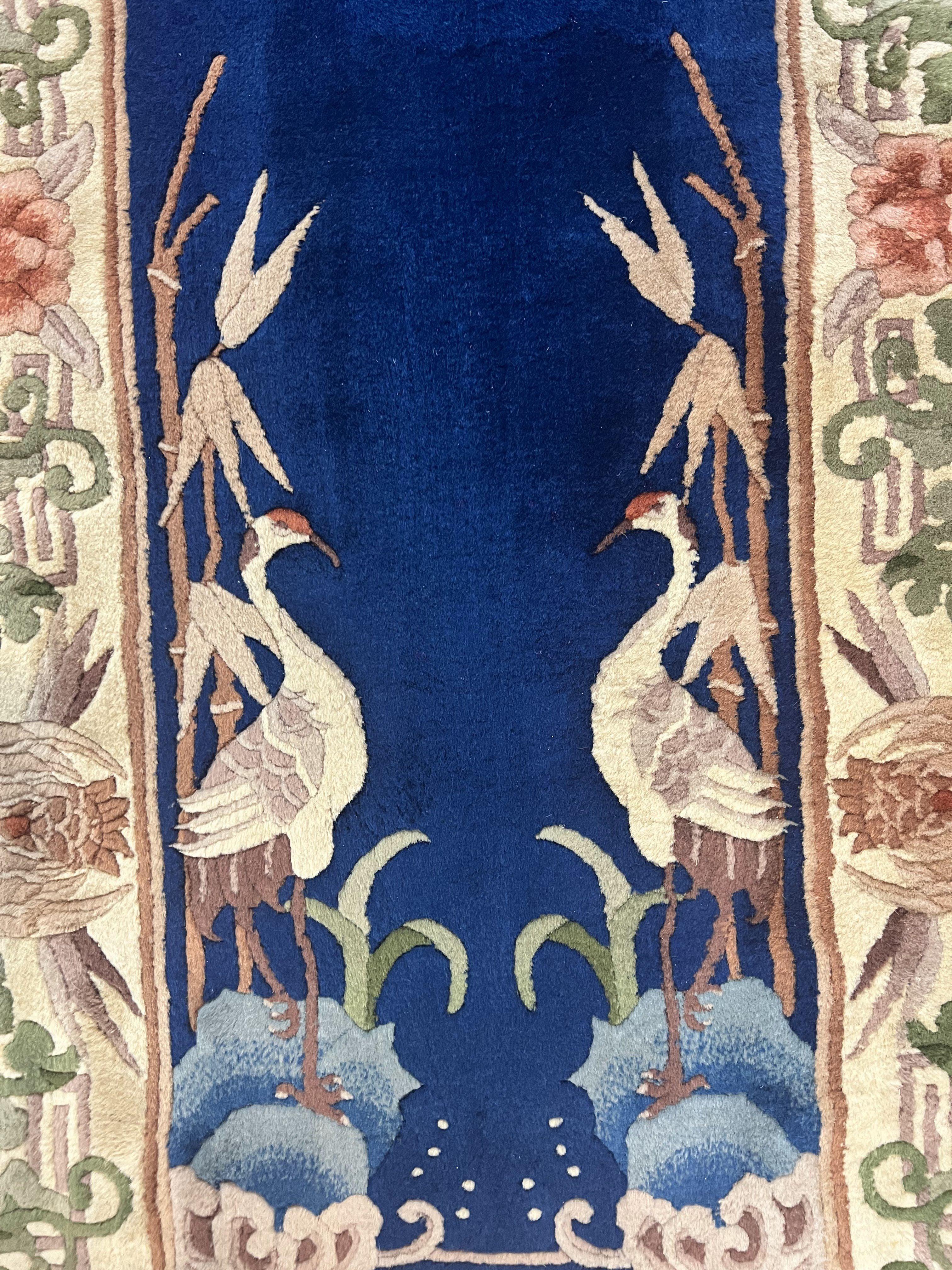 Chinese Wool Runner Rug 2x11, Blue and Beige, Swans, Handmade Vintage Asian Oriental Chinese Carving Rug, Art Deco 2 x 11 ft - Jewel Rugs