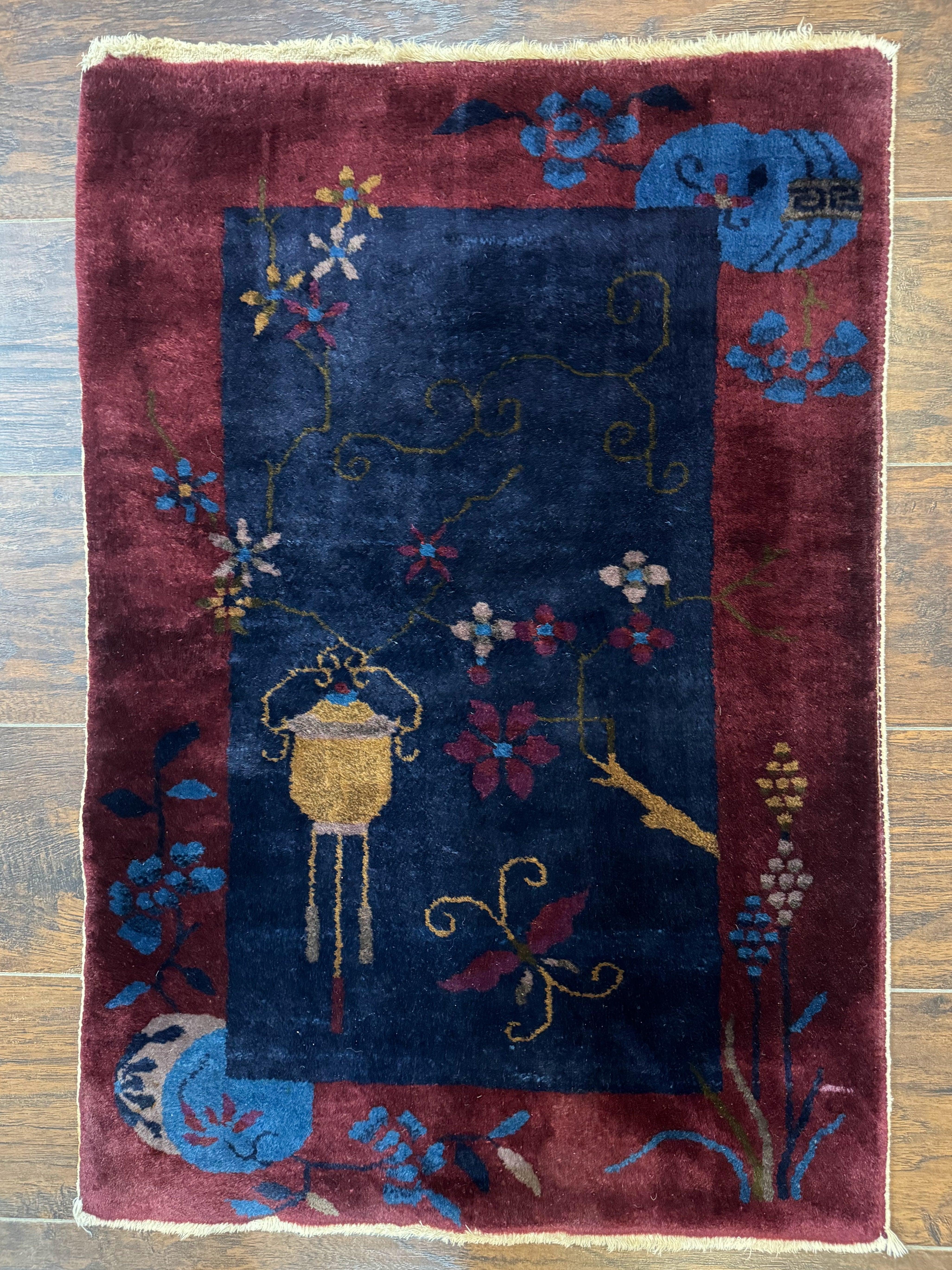 Chinese Art Deco Rug 2x3, Small Chinese Antique Wool Carpet, Nichols Rug - Jewel Rugs