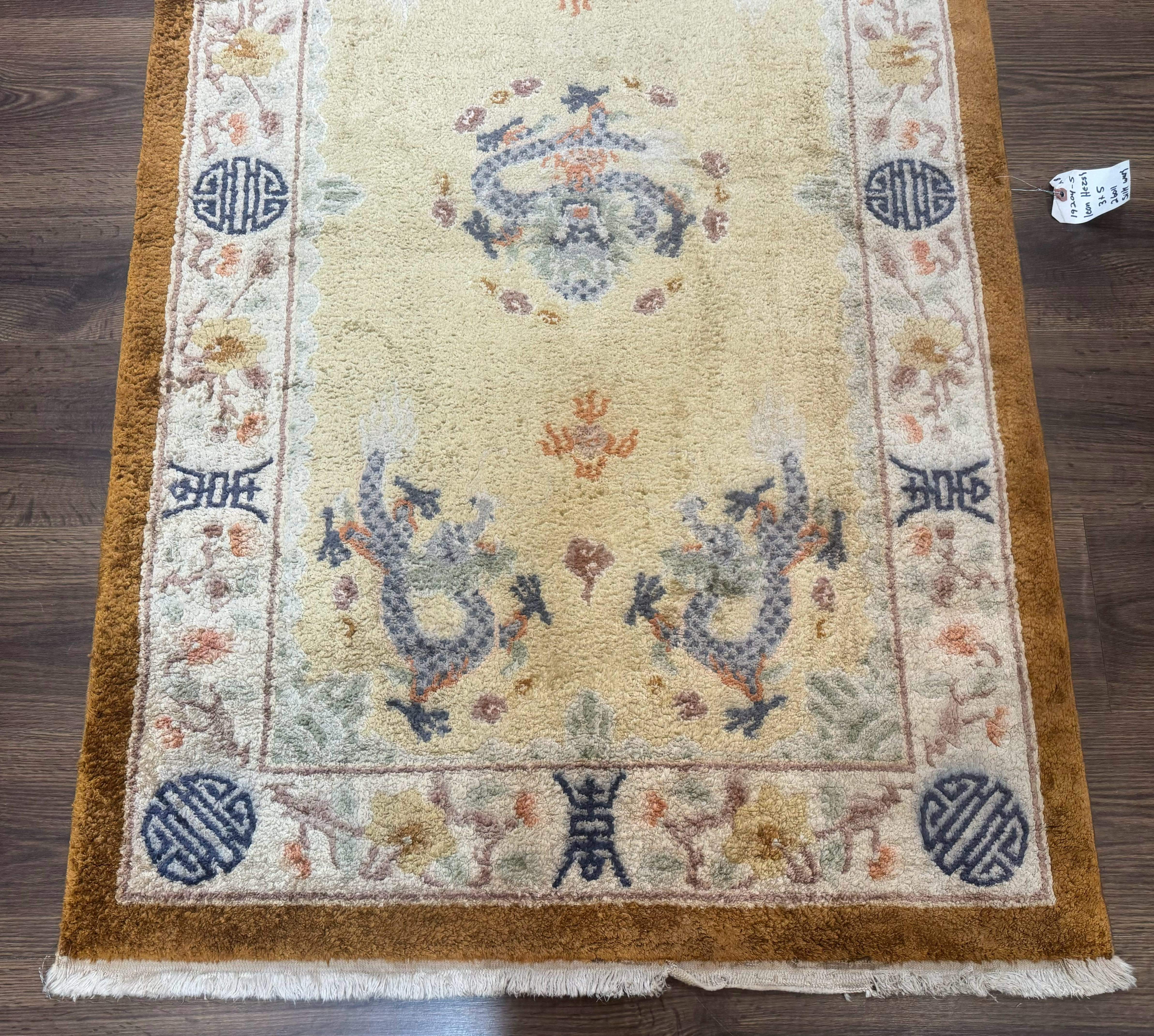 Chinese Silk Rug 3x5, Dragons, Hand Knotted, Cream - Jewel Rugs