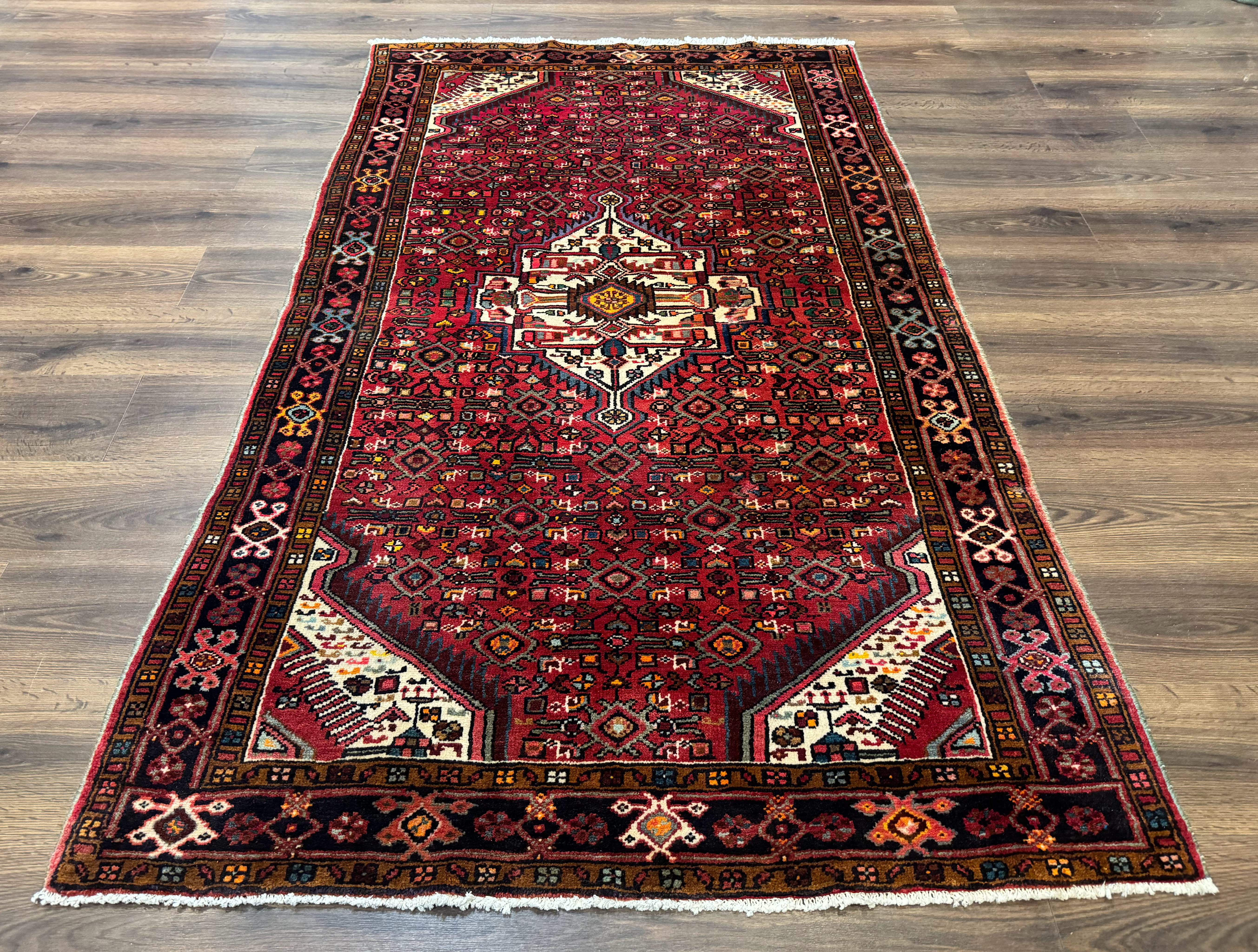 Persian Hamadan Rug 4x7, Tribal Village Malayer Carpet, Red and Ivory, Bohemian Antique - Jewel Rugs