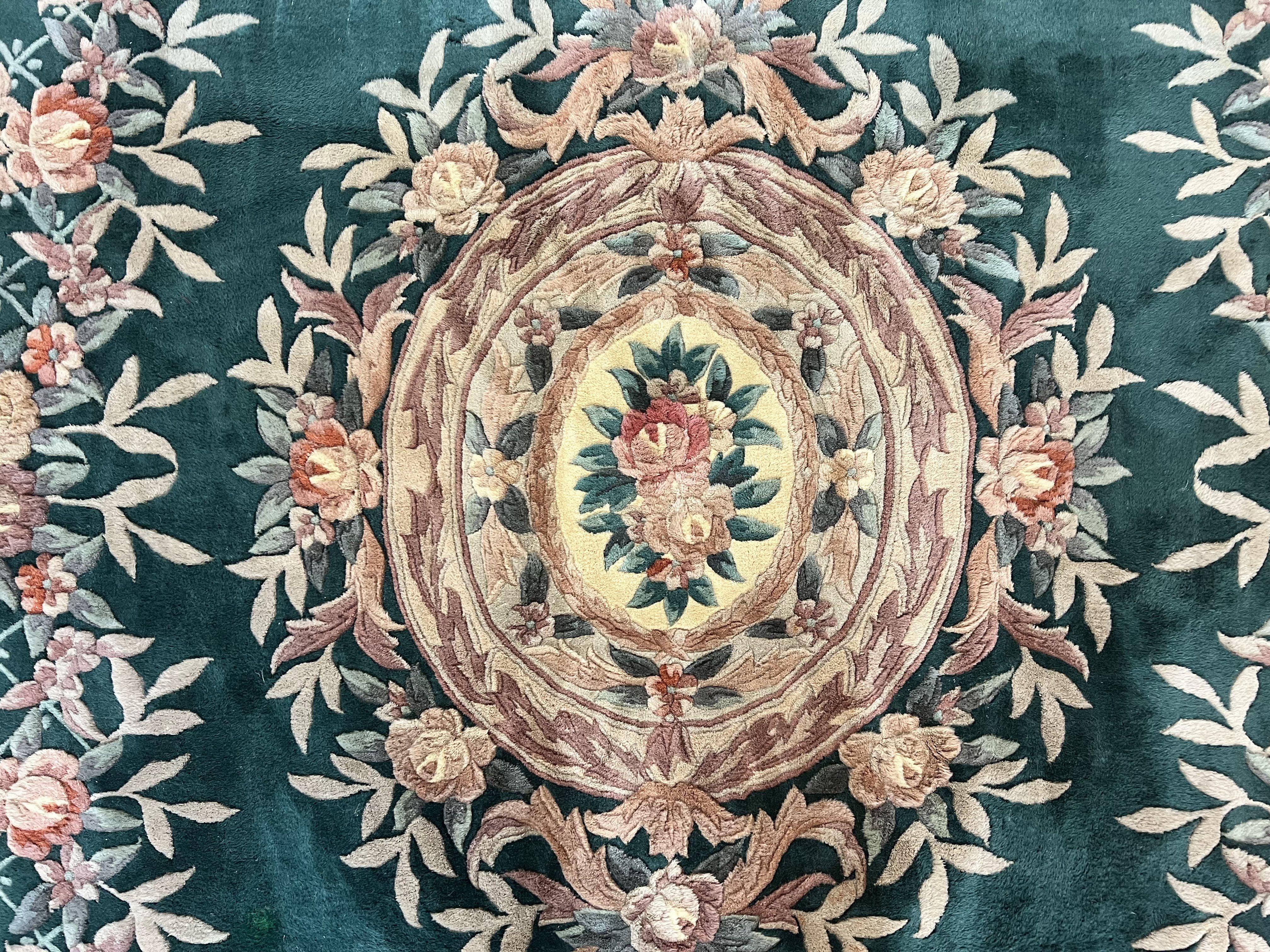 Chinese Wool Rug 9x11, Chinese Aubusson Carpet 9 x 11, Green and Cream, 120 Line, Handmade Room Sized Plush Pile, Vintage Rug - Jewel Rugs
