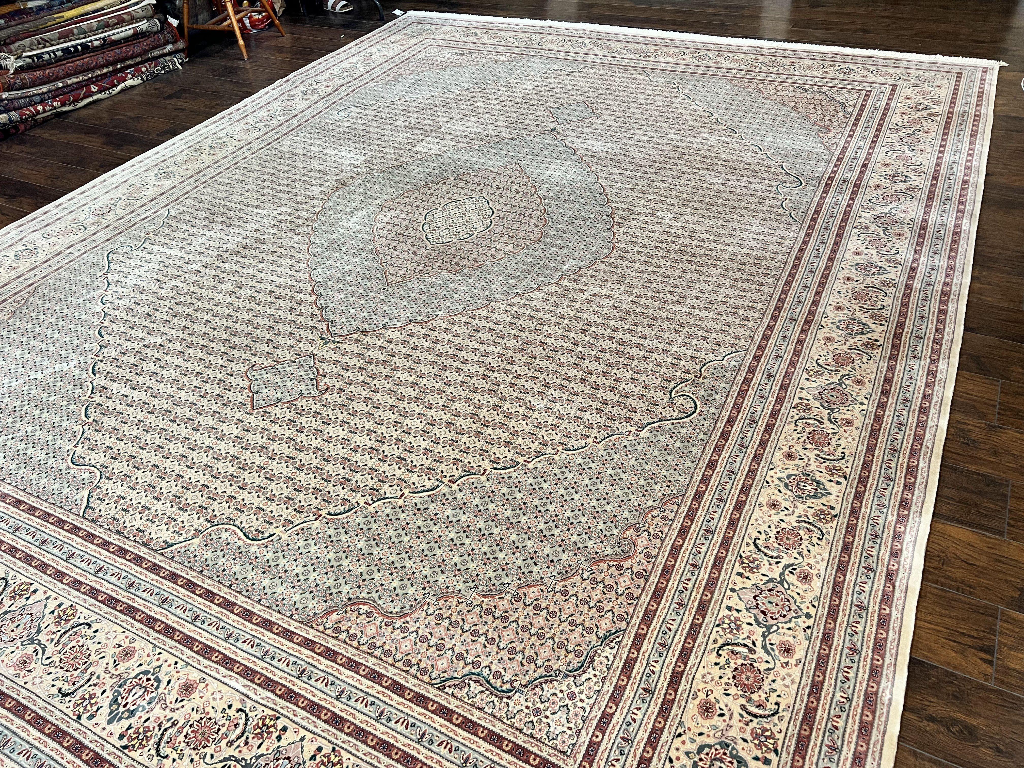 Pak Persian Rug 12x15, Wool & Silk Hand Knotted Vintage Carpet, Mahi Herati Pattern, Beige, Traditional Oversized Extra Large Oriental Rug - Jewel Rugs