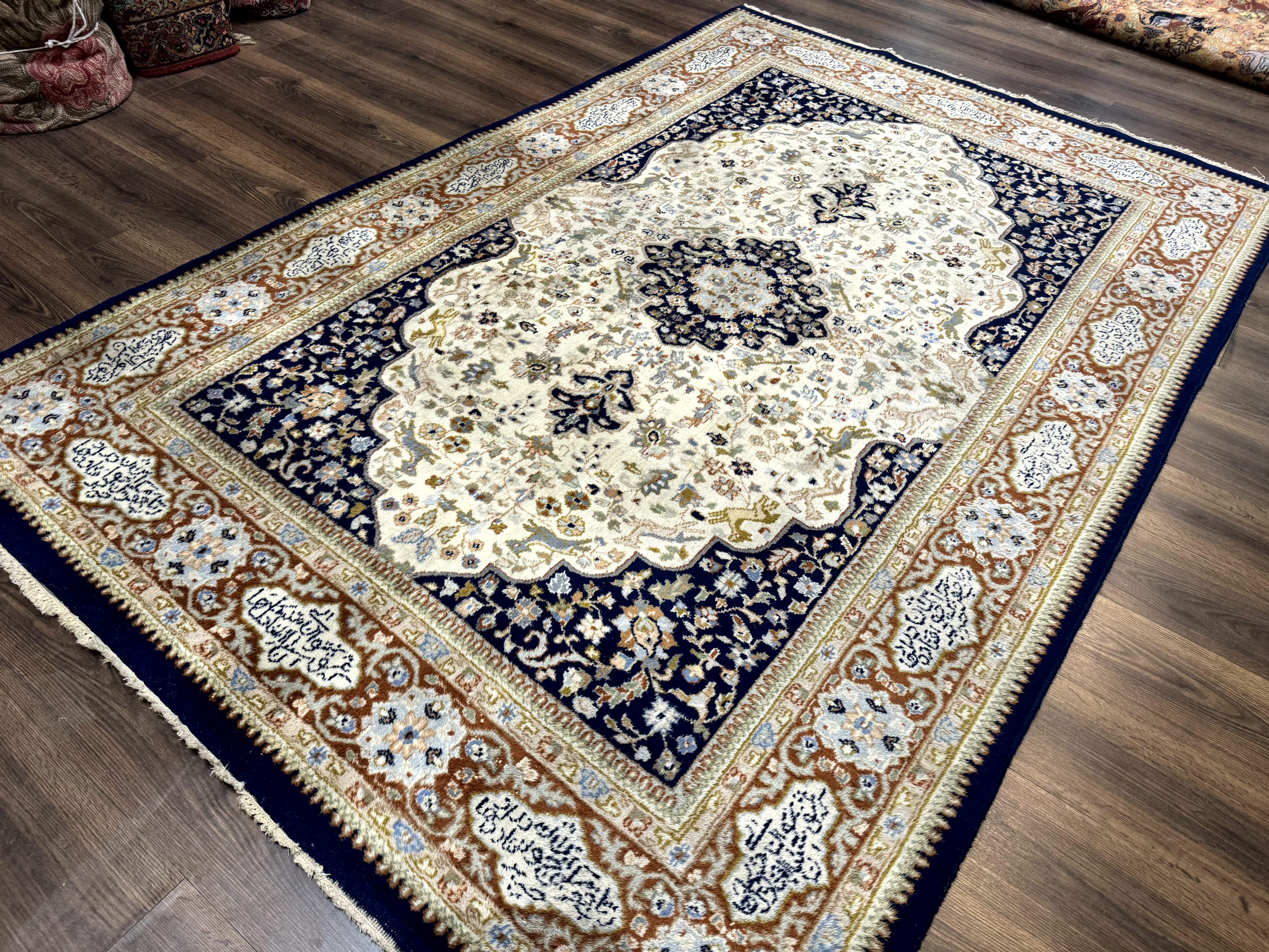 Indo Persian Rug 6x9 – Ivory and Navy, Hunting Design, Wool, Vintage, Poetry in Borders - Jewel Rugs