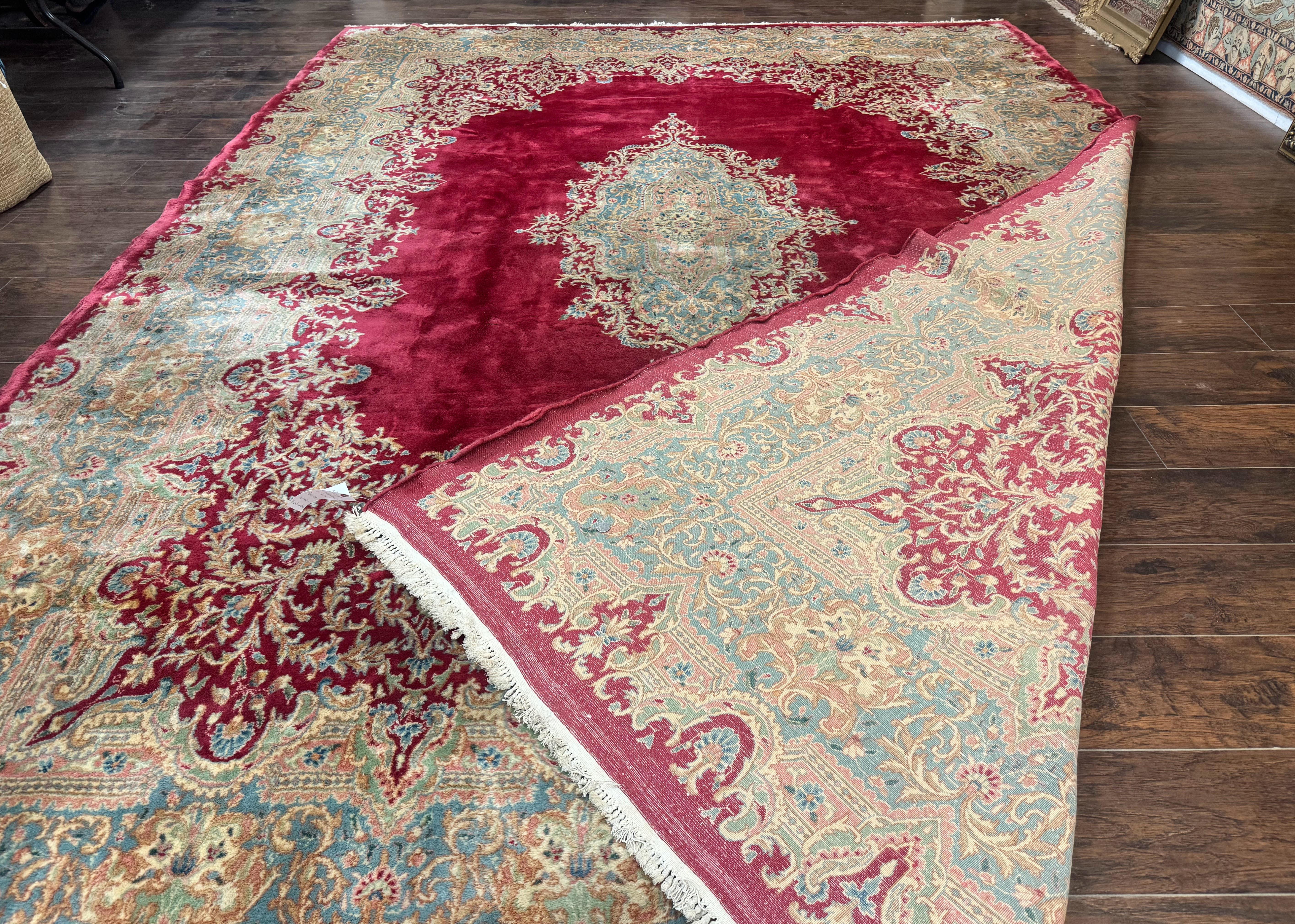 Persian Kirman Rug 10x14, Semi Open Field, Large Vintage Persian Carpet, Handmade Wool Rug, Red - Jewel Rugs