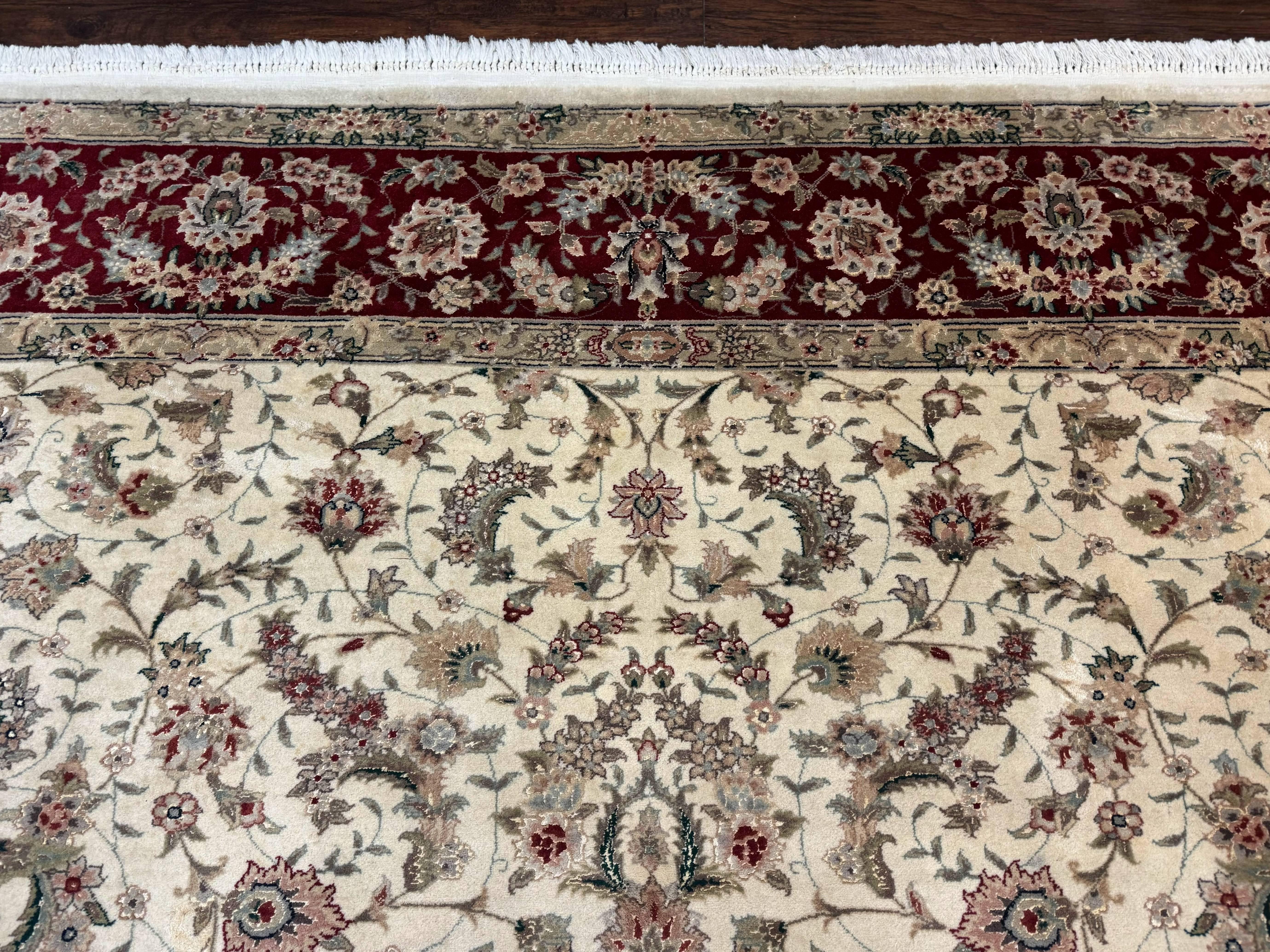 Sino Persian Rug 8x10, Beige and Burgundy, Floral Allover, Wool & Silk, Vintage - Jewel Rugs
