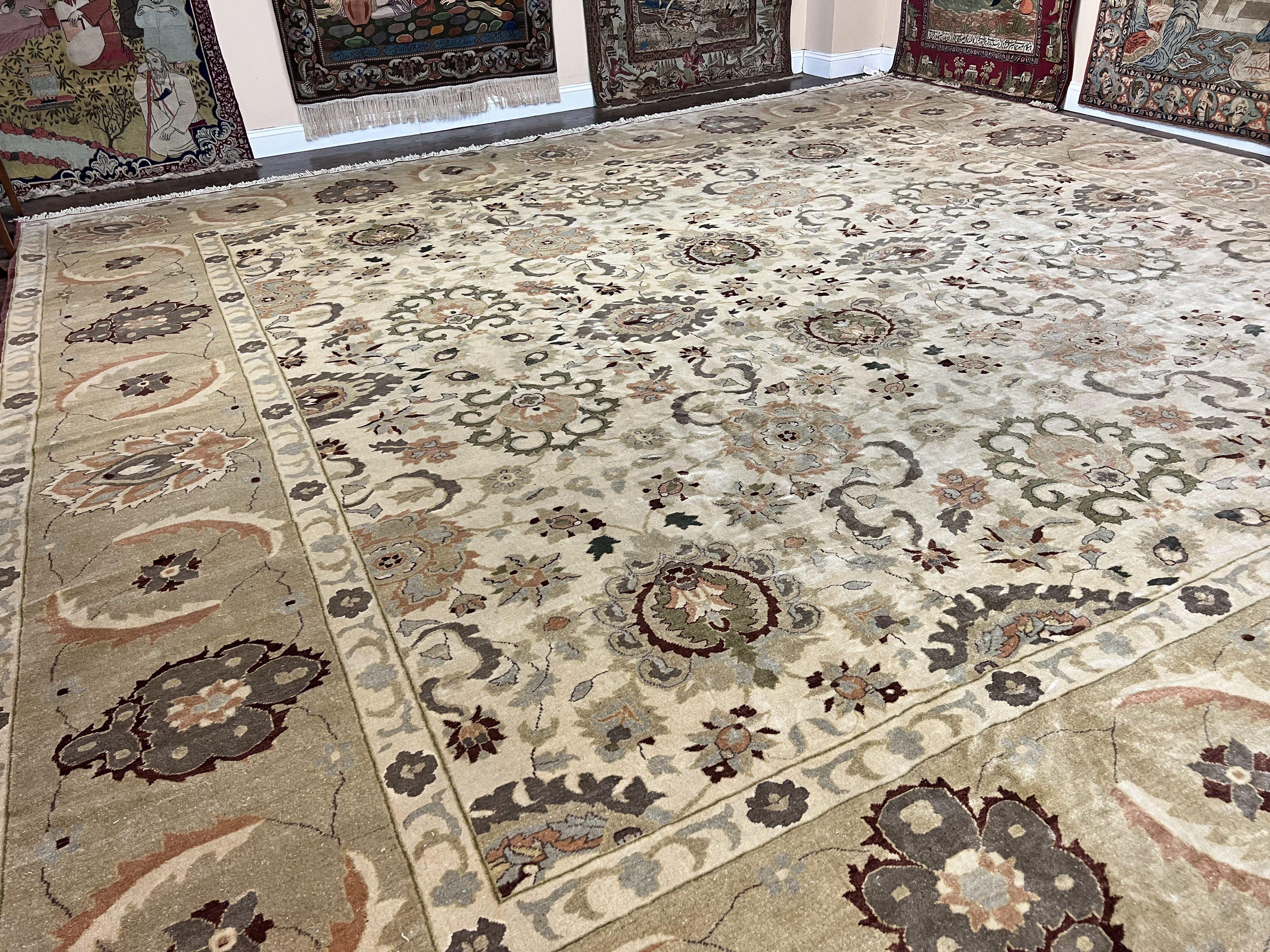 Large Egyptian Mahal Rug 16x16, Square Handmade Wool Rug, Rare Size 16 x 16 ft, Sultanabad Rug, Wool Handmade Vintage Carpet, Beige - Jewel Rugs