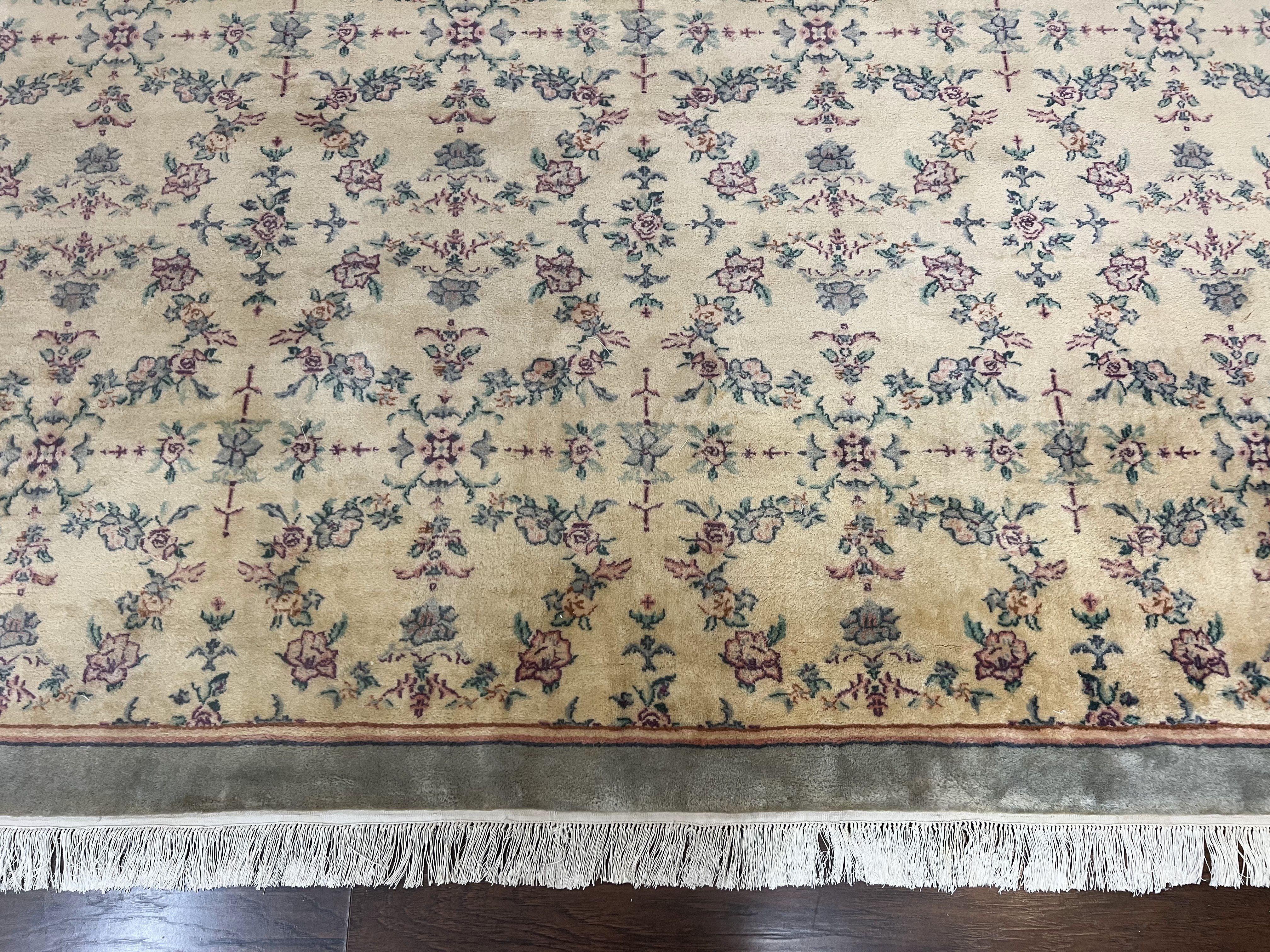 Sino Persian Rug 8x10, Floral, Oatmeal and Light Teal, Handmade Wool Vintage Carpet - Jewel Rugs